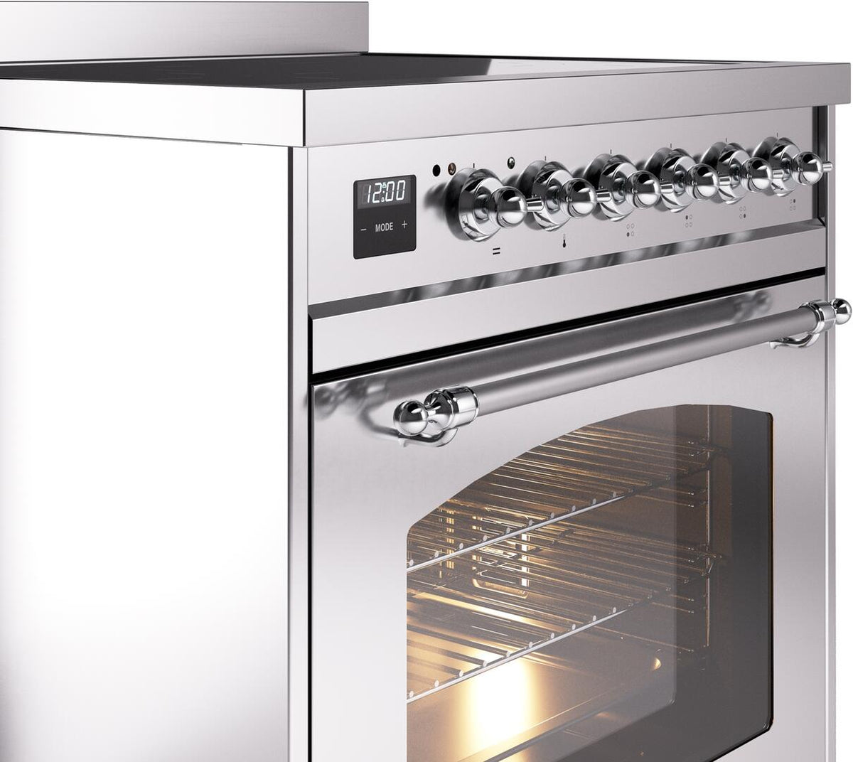 Stainless steel induction range control panel with chrome knobs and oven handle
