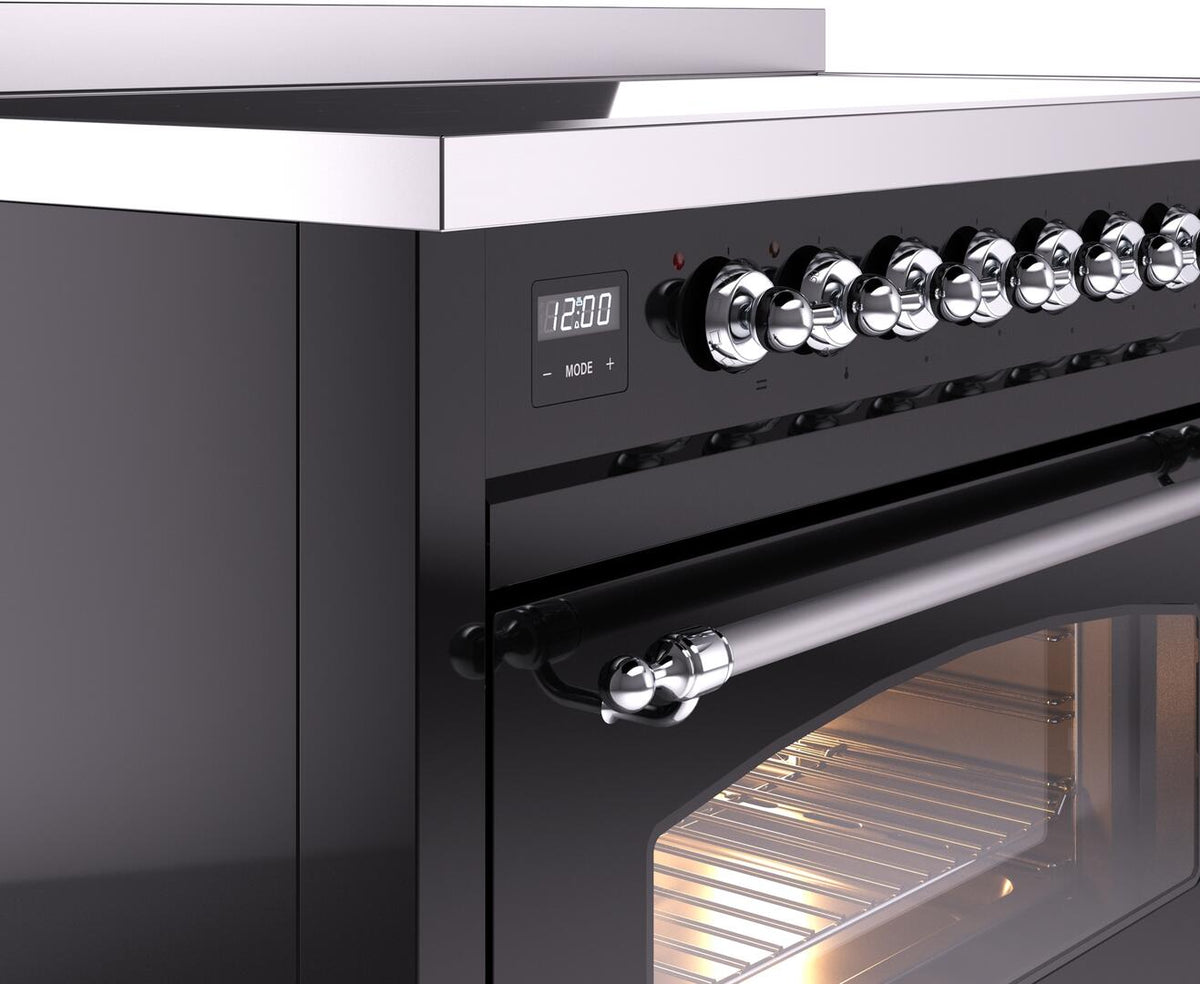Freestanding induction range control panel with chrome knobs and digital display