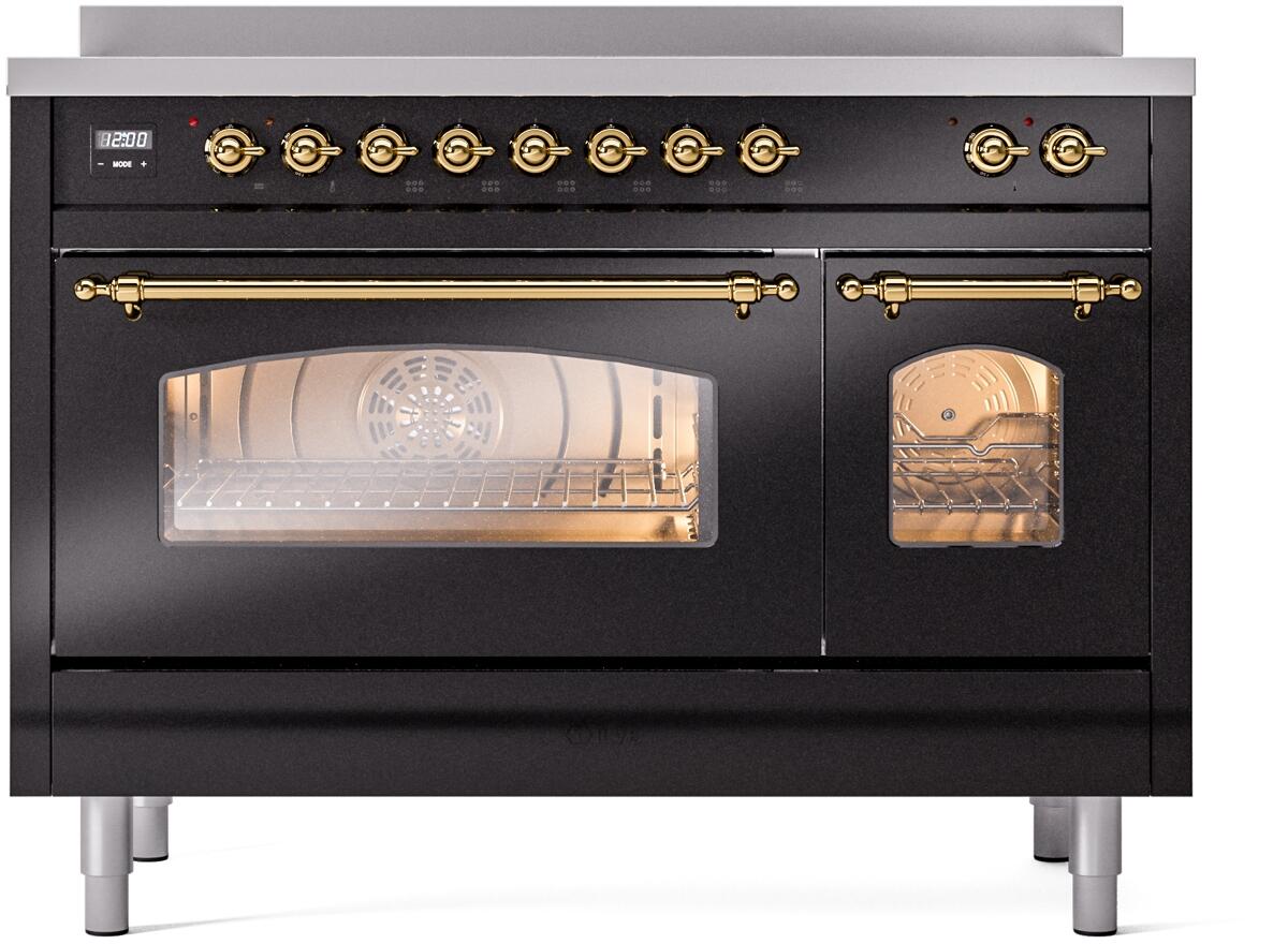 Freestanding electric induction range with brass-trimmed controls and dual glass doors