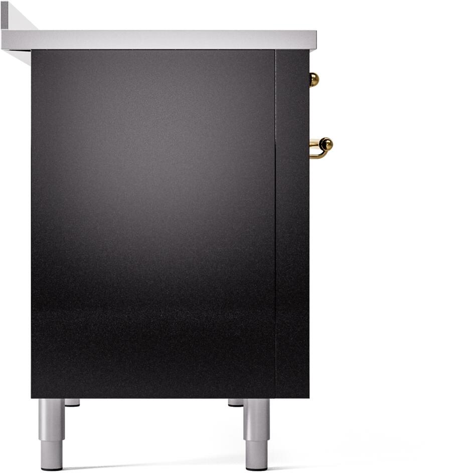 Freestanding electric induction range side panel in glossy black with adjustable feet