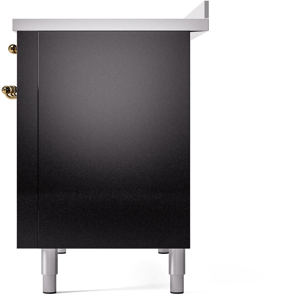 Freestanding electric induction range lower side panel in glossy black with brass side detail