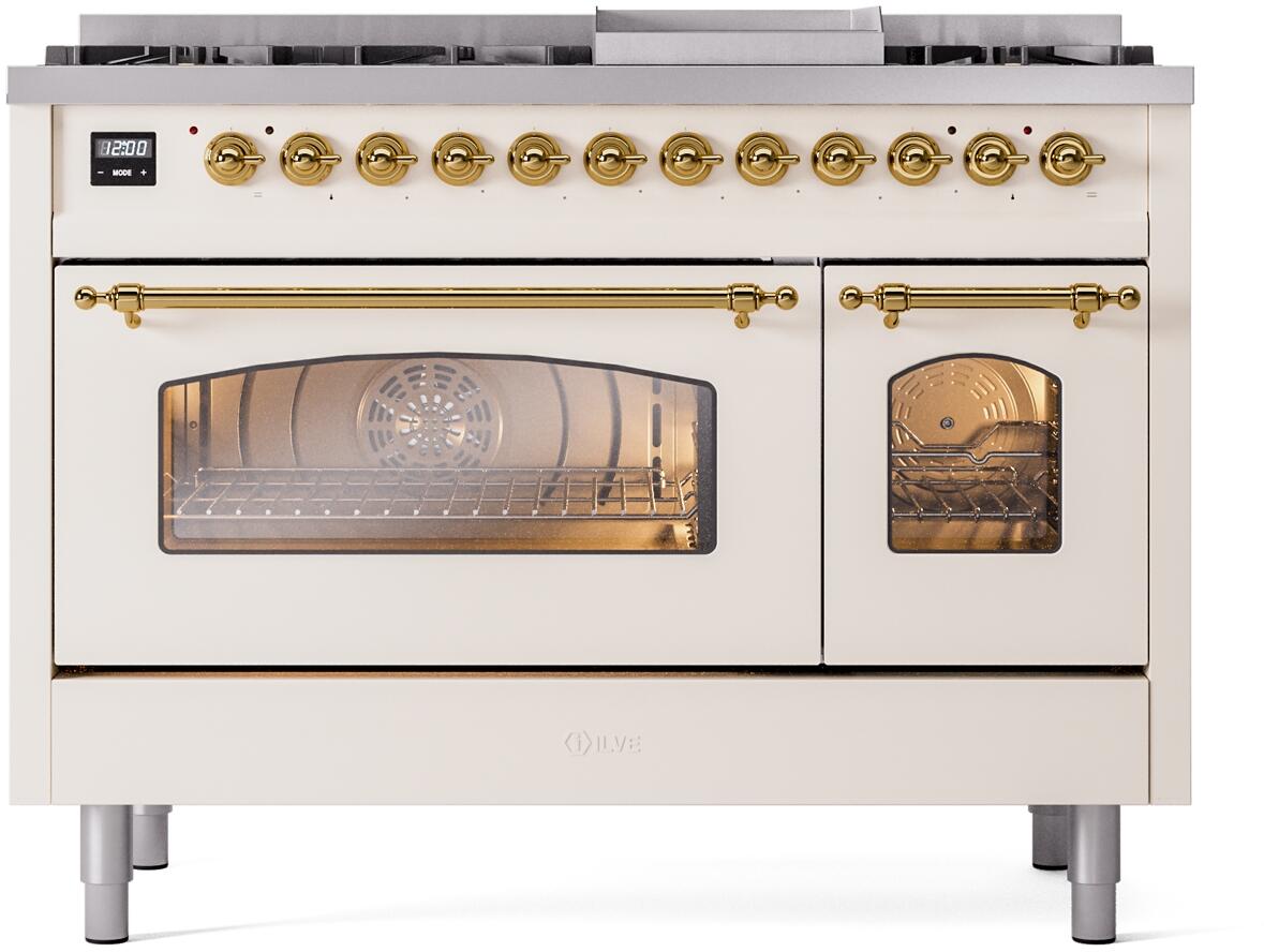 White dual fuel range with glass oven window and brass bar handle