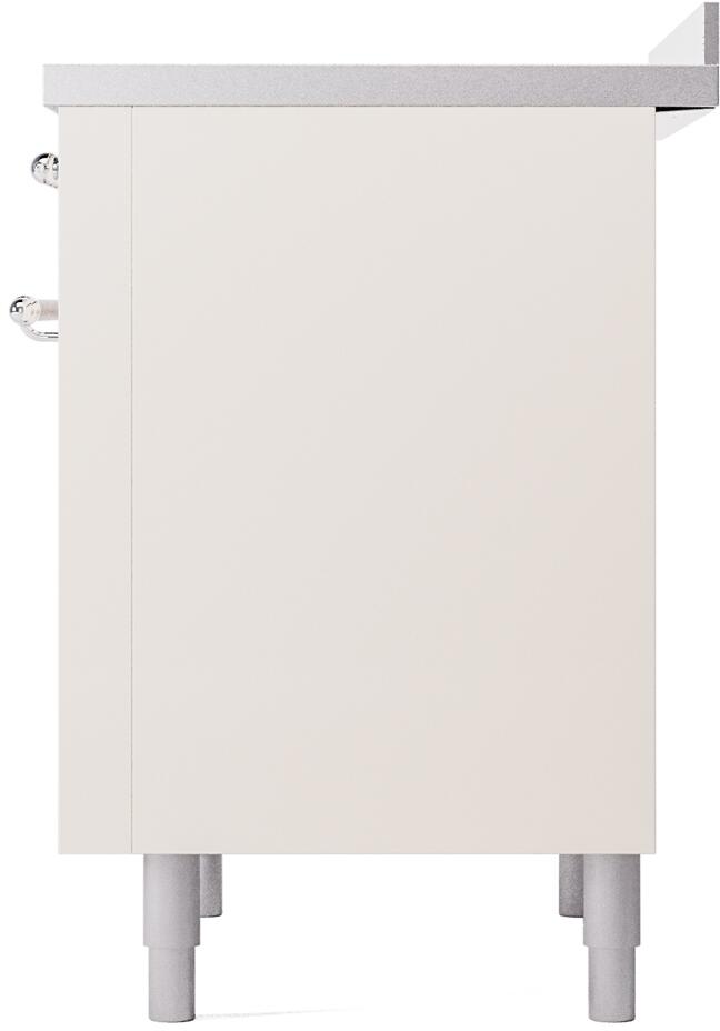 Freestanding electric induction range rear side panel in antique white with gray feet