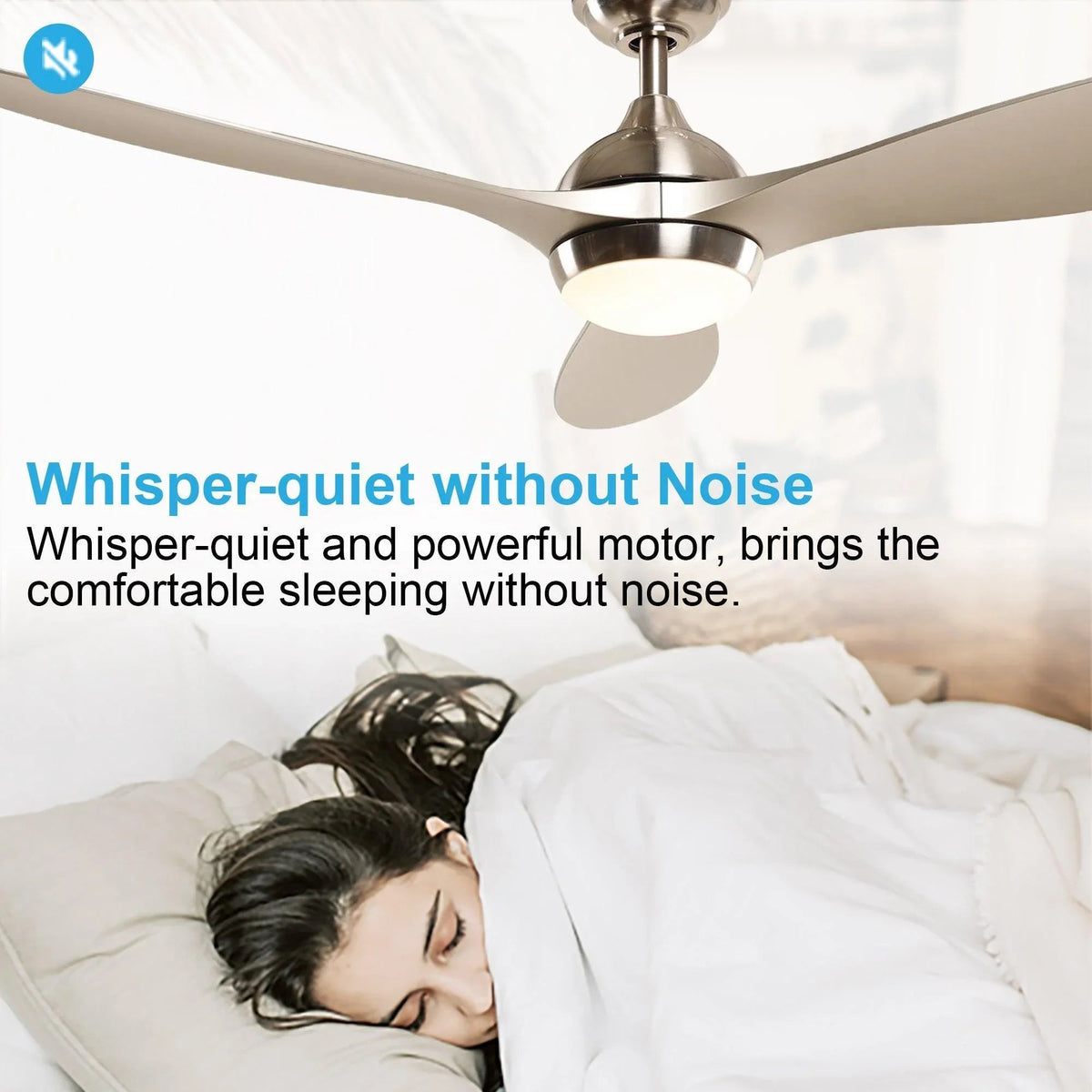 Brushed nickel ceiling fan with three beige blades and white frosted light, ceiling view.