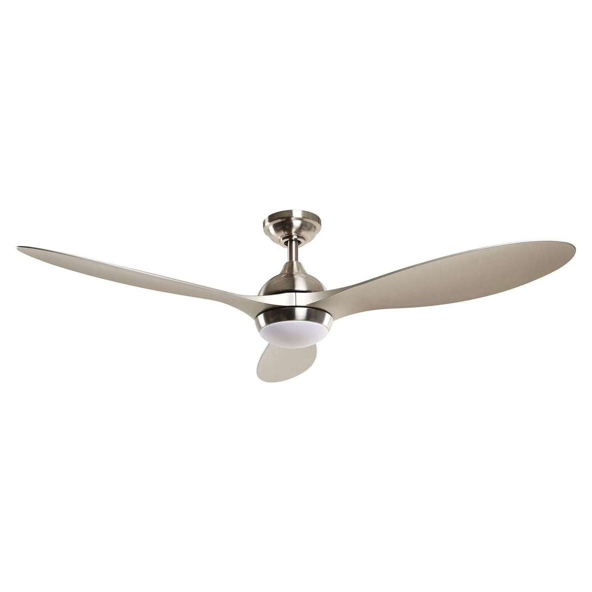 Brushed nickel ceiling fan with three beige blades and integrated light, wide side view.