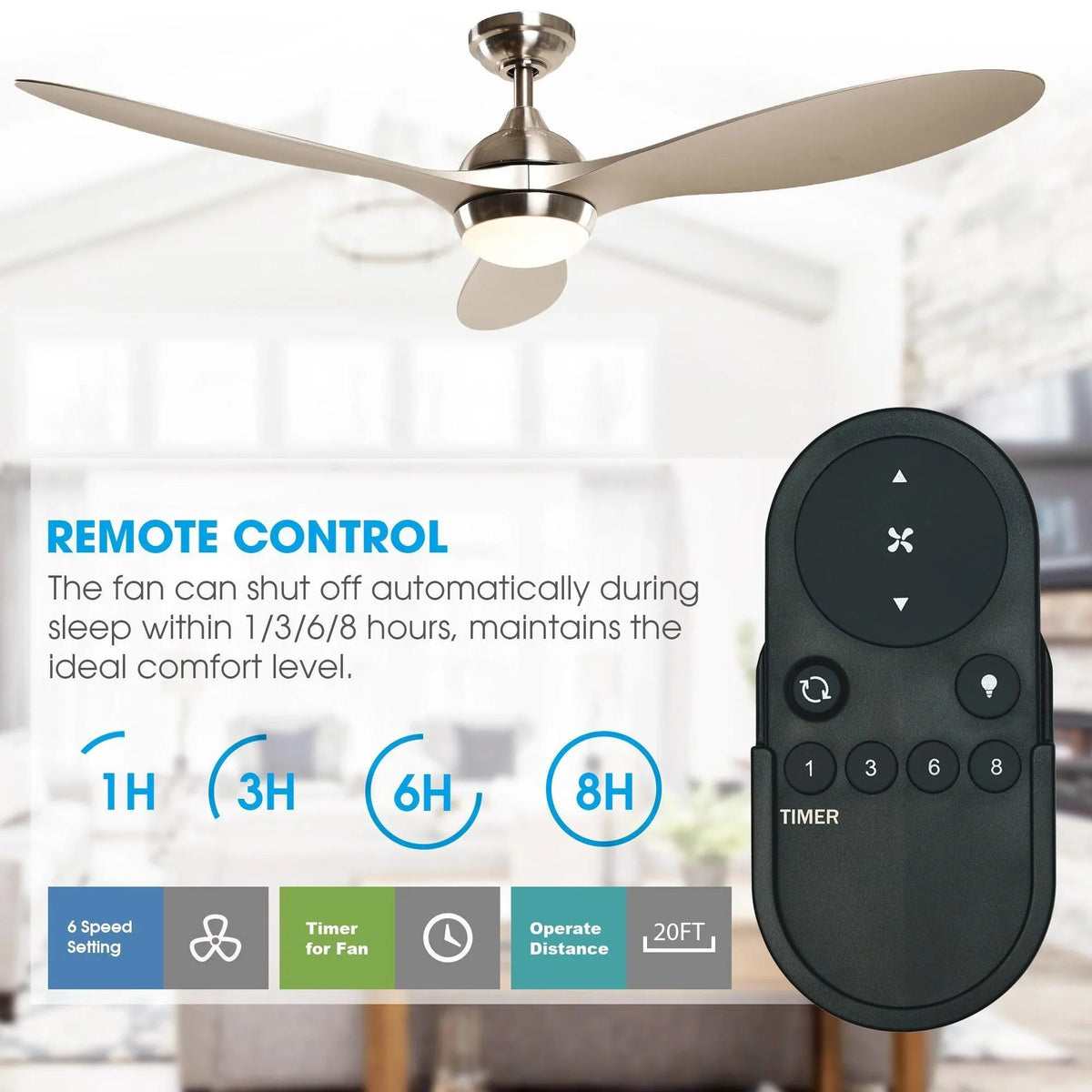 Brushed nickel ceiling fan with beige blades, integrated light, and black remote control.