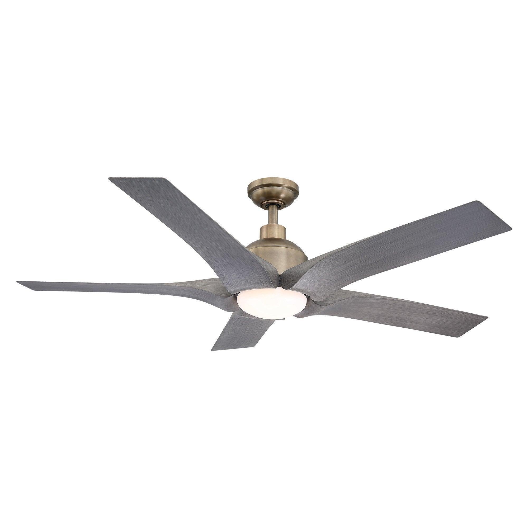 Farmhouse ceiling fan with oil-rubbed bronze finish, gray blades, and integrated light