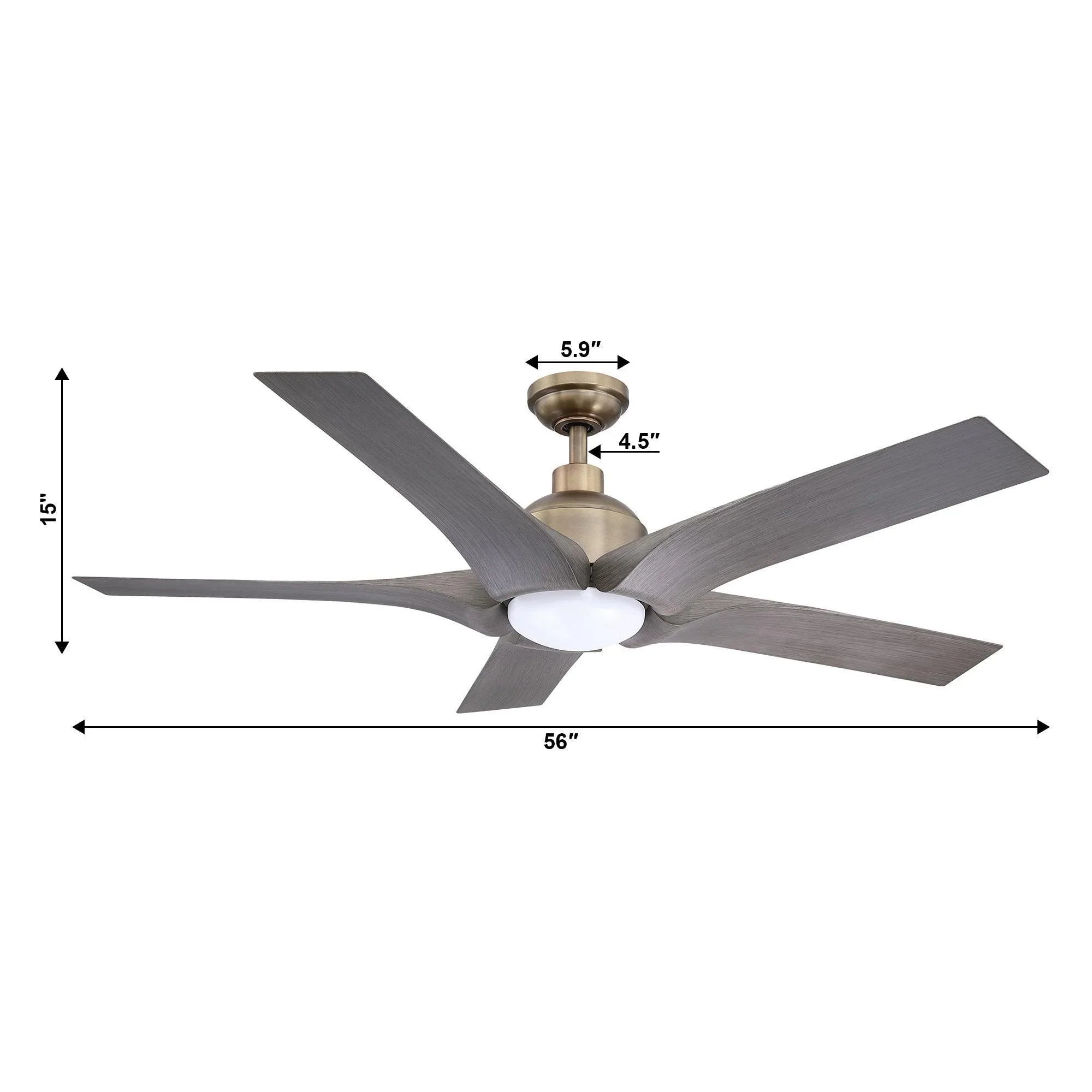 56-inch ceiling fan diagram with gray blades and round frosted light