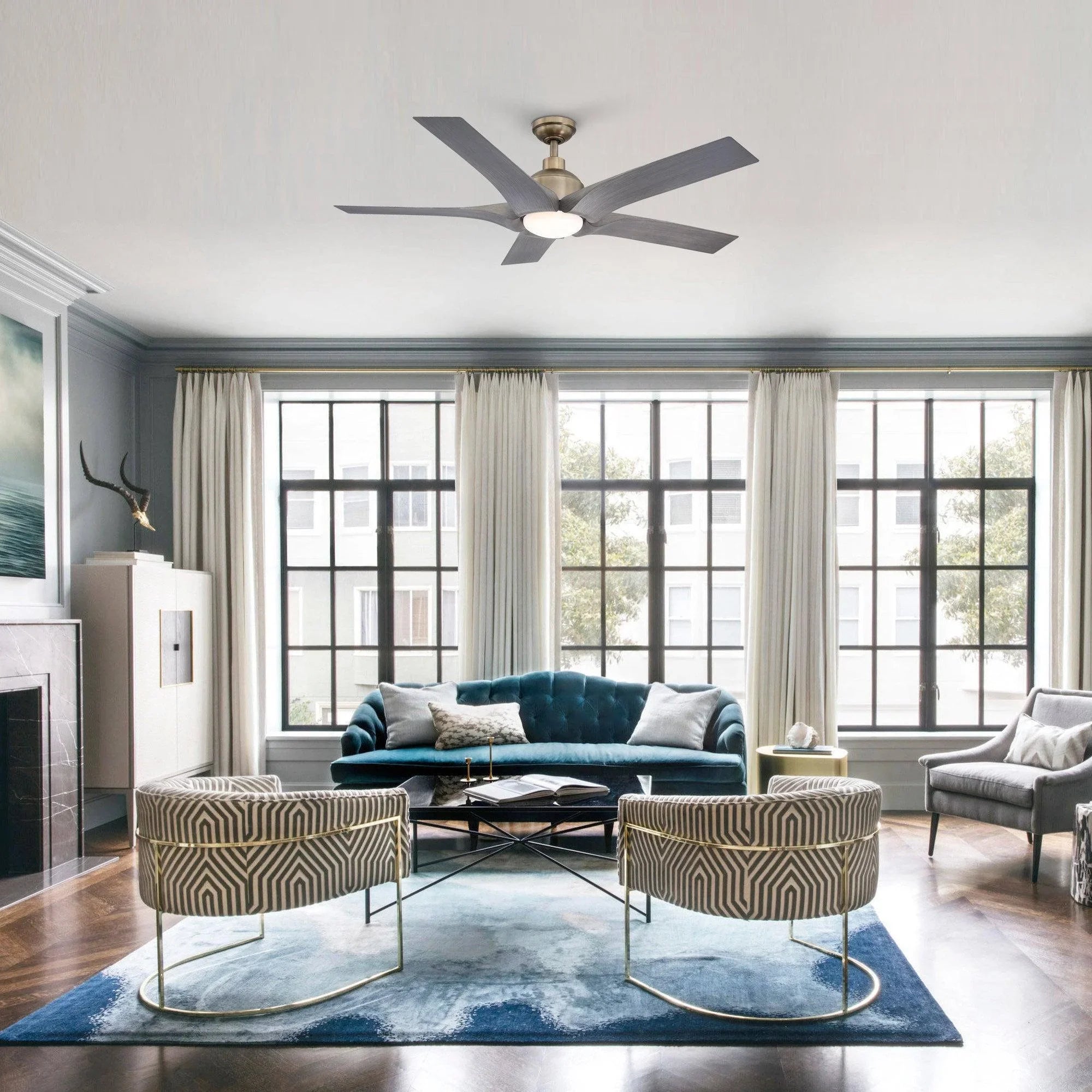 Farmhouse ceiling fan with light installed in a living room ceiling