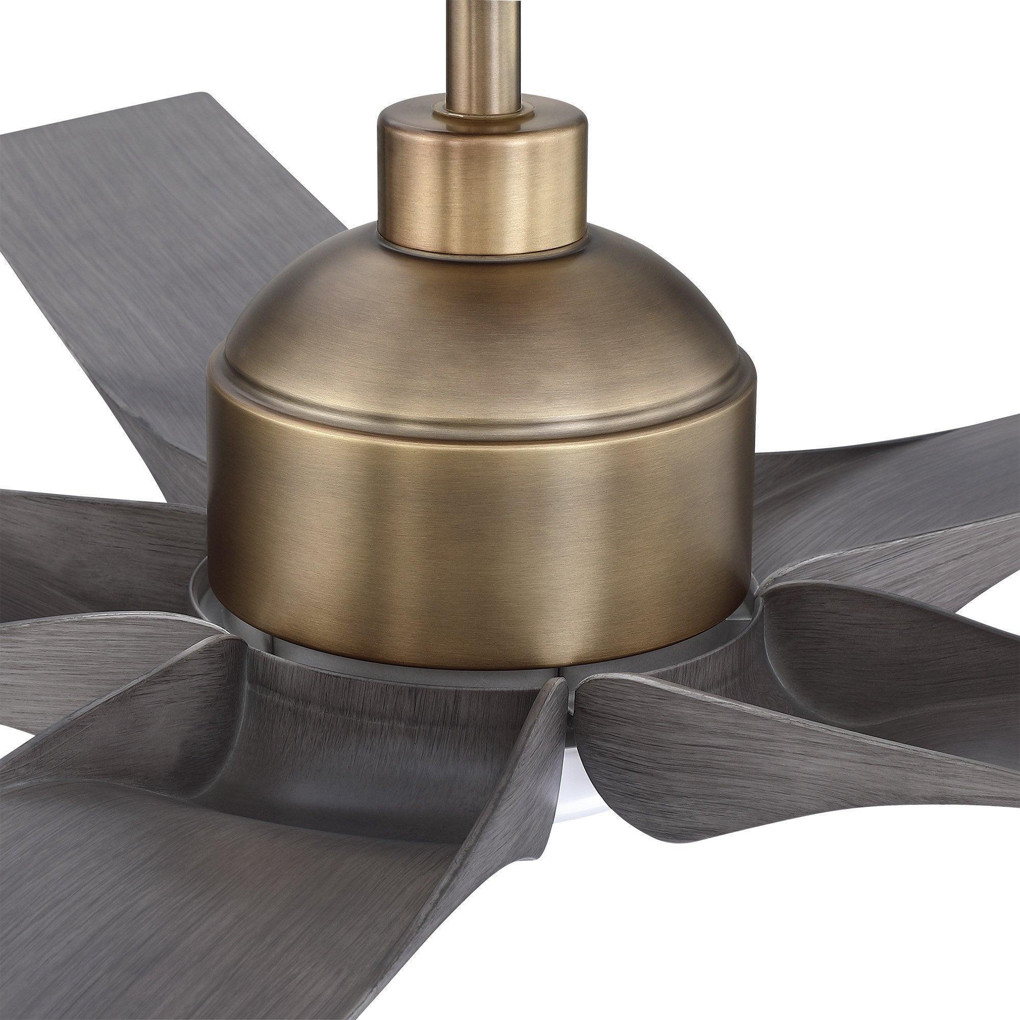 Oil-rubbed bronze ceiling fan motor housing with 5 gray blades