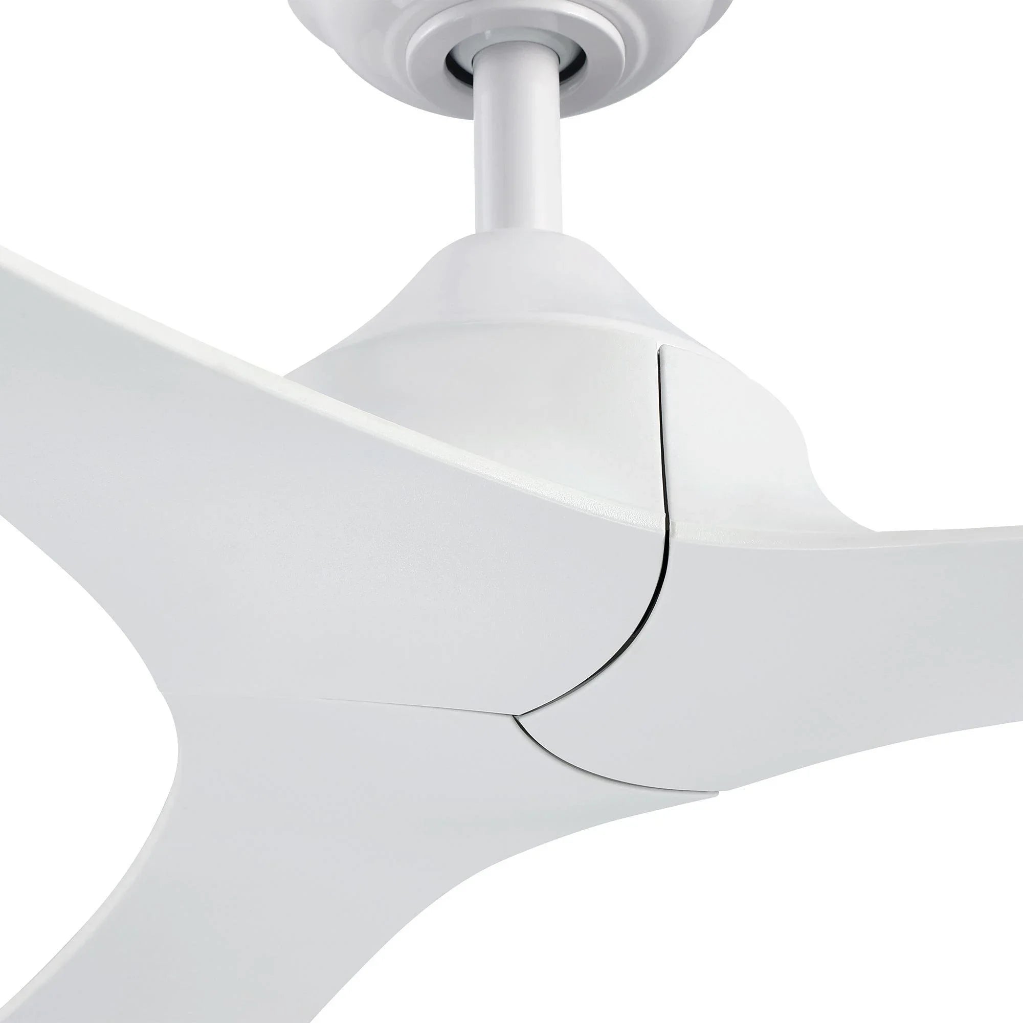 White ceiling fan blade and downrod connection close-up