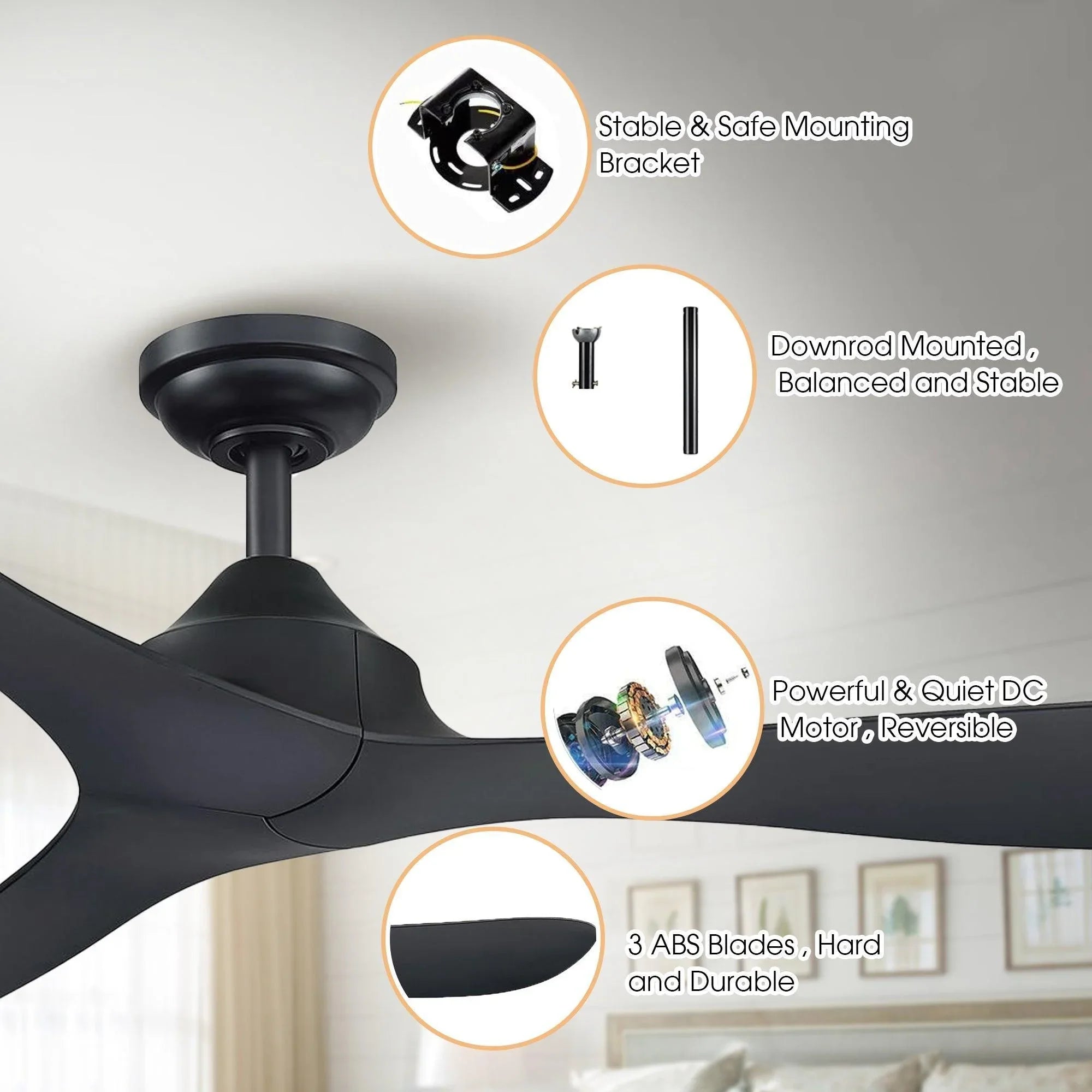 Black ceiling fan with mounting bracket detail and reversible DC motor