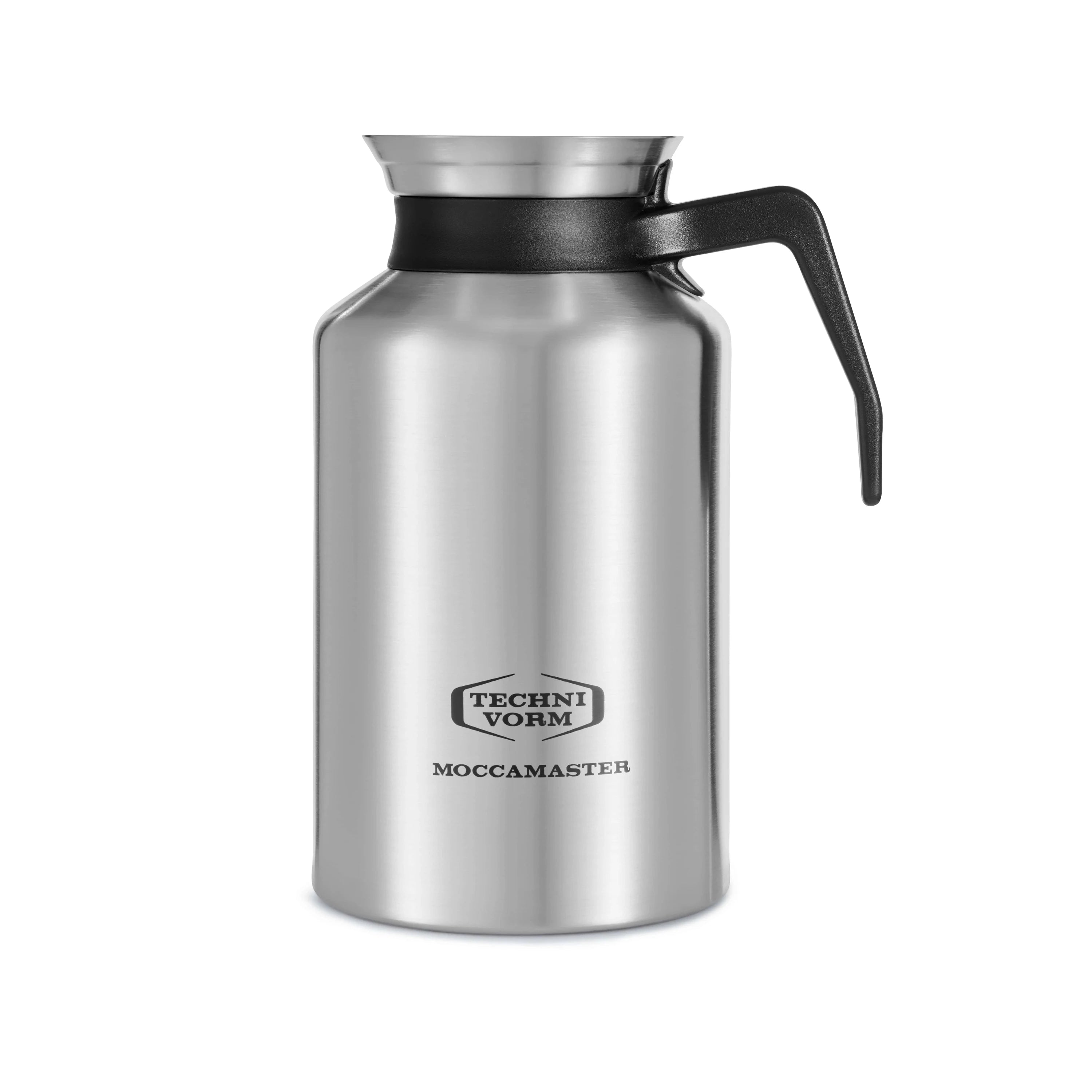 Stainless steel thermal coffee carafe with black handle and lid, Moccamaster logo