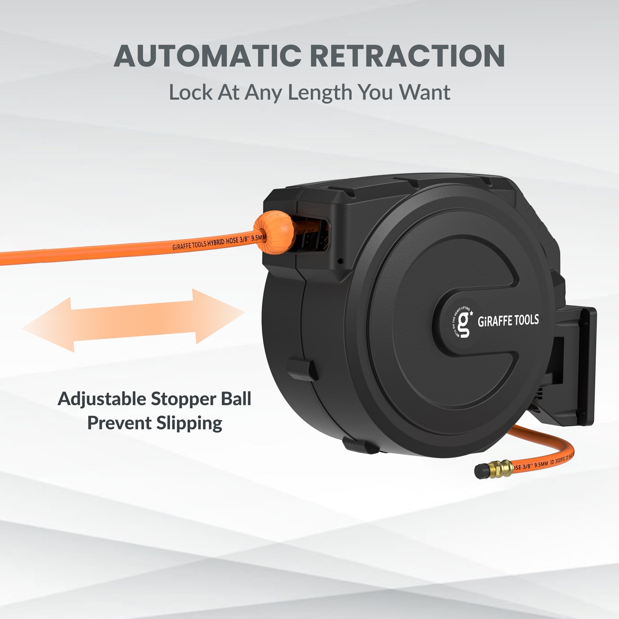 Retractable air hose reel with adjustable stopper ball and orange hose