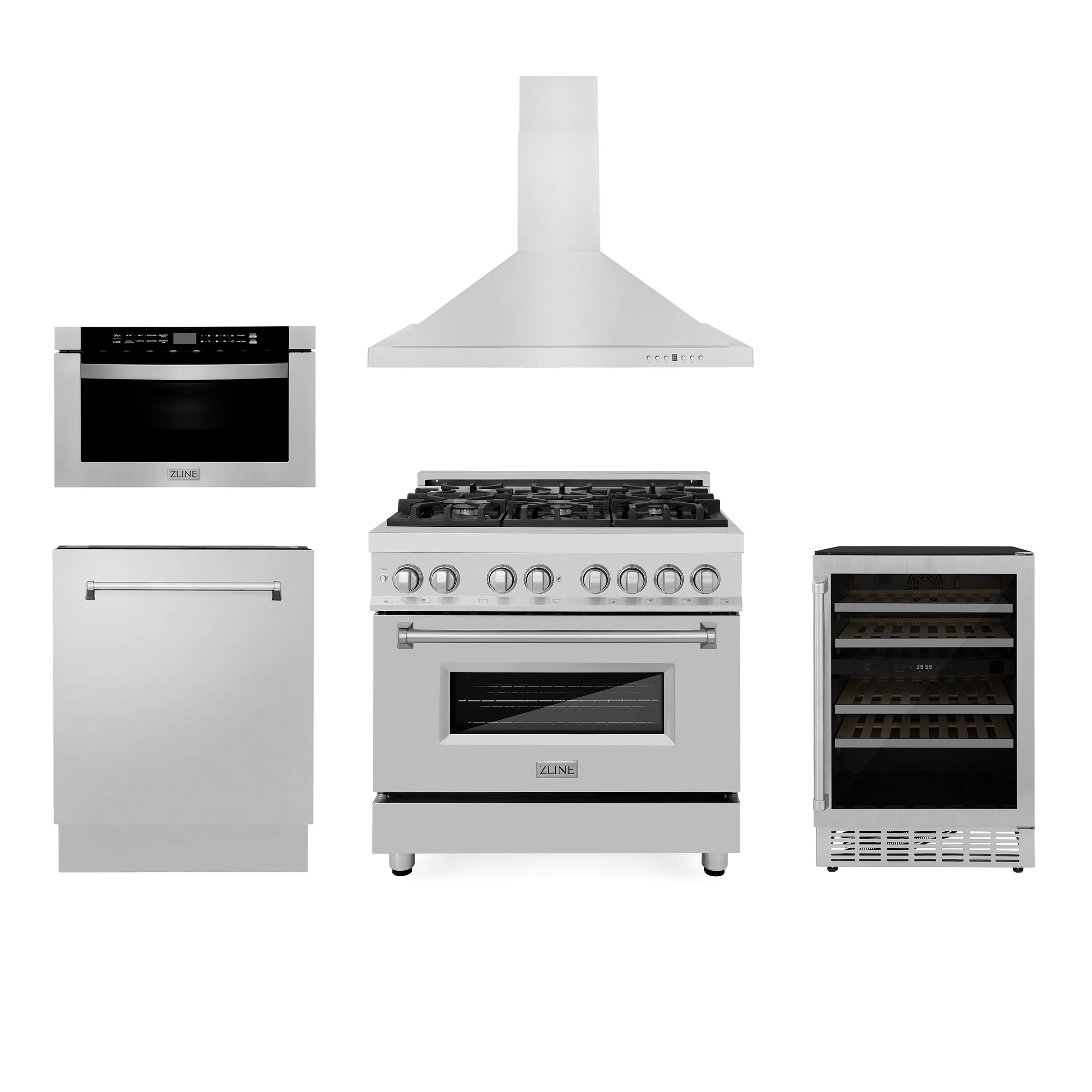 Stainless steel dual fuel range with black oven windows and matching range hood