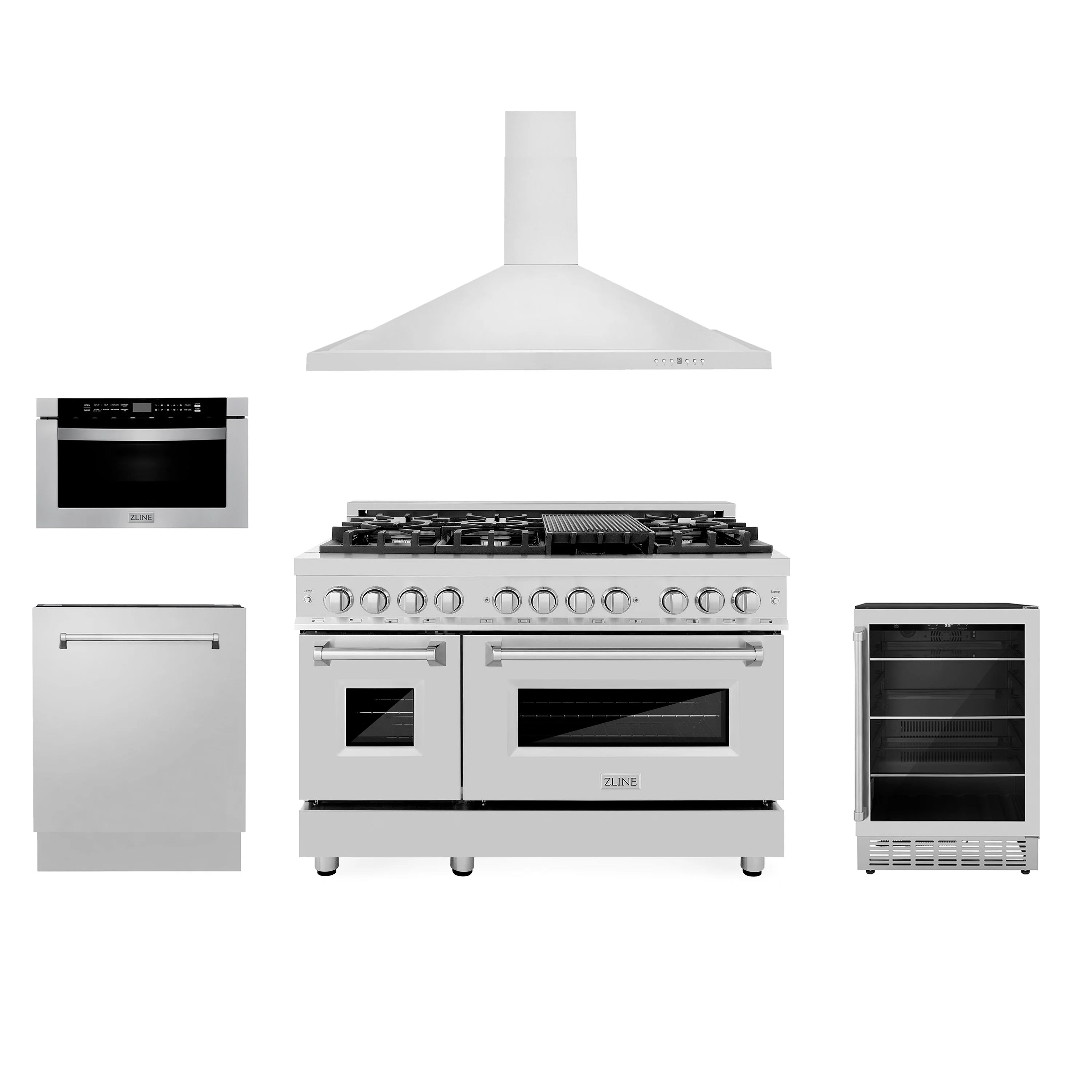 Stainless steel appliance package with dual fuel range and overhead vent hood