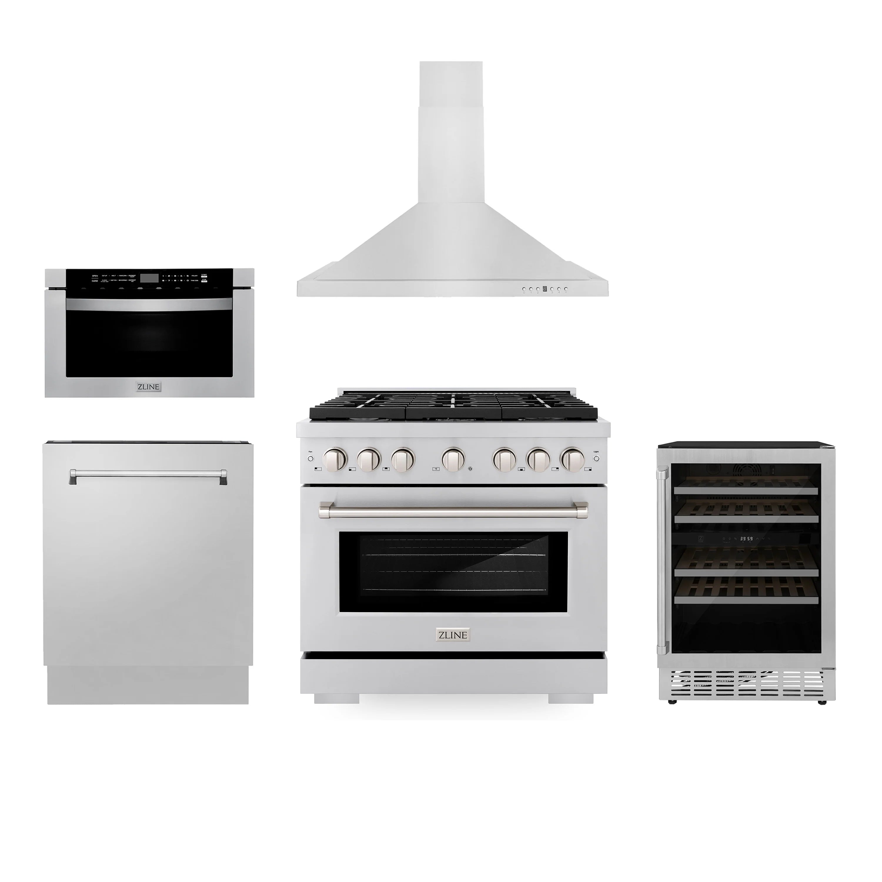 Kitchen appliance package: stainless steel gas range with hood and wine cooler