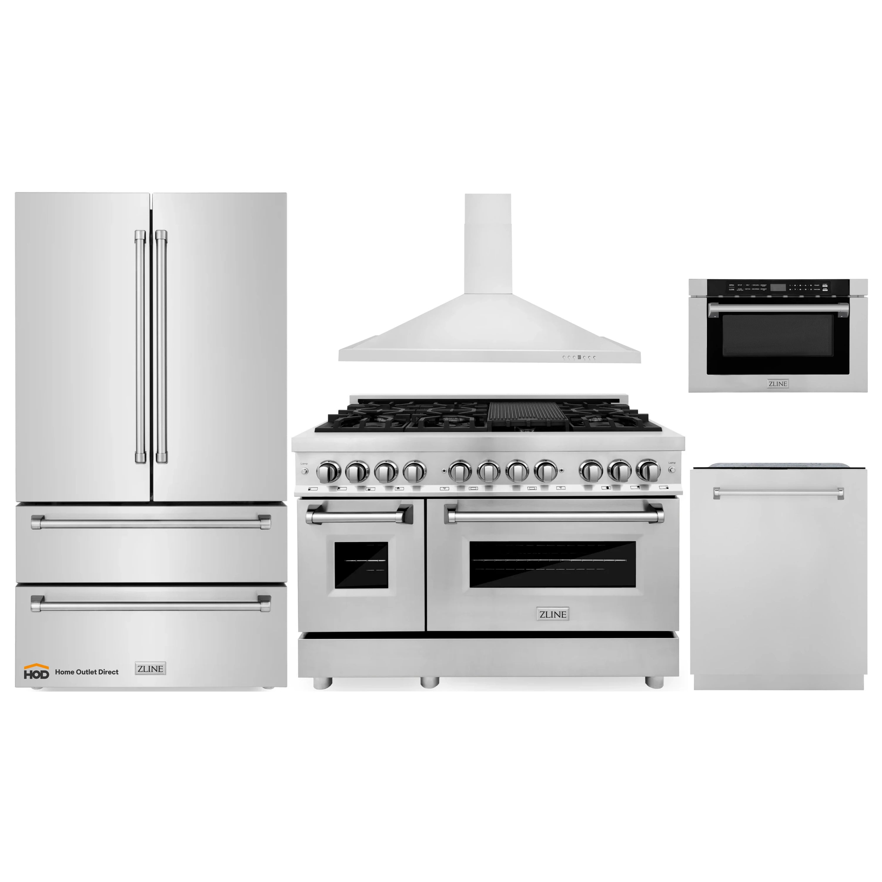 Stainless steel kitchen appliance package with dual fuel range, hood, fridge, dishwasher, microwave