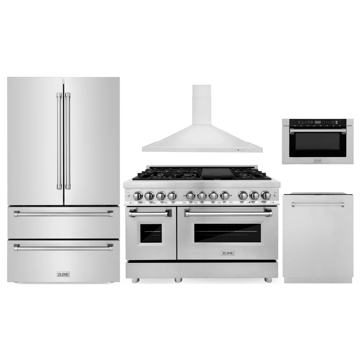 ZLINE 5-Piece Appliance Package - 48-Inch Dual Fuel Range, Hood, Refrigerator, Dishwasher, and Microwave Drawer in Stainless Steel