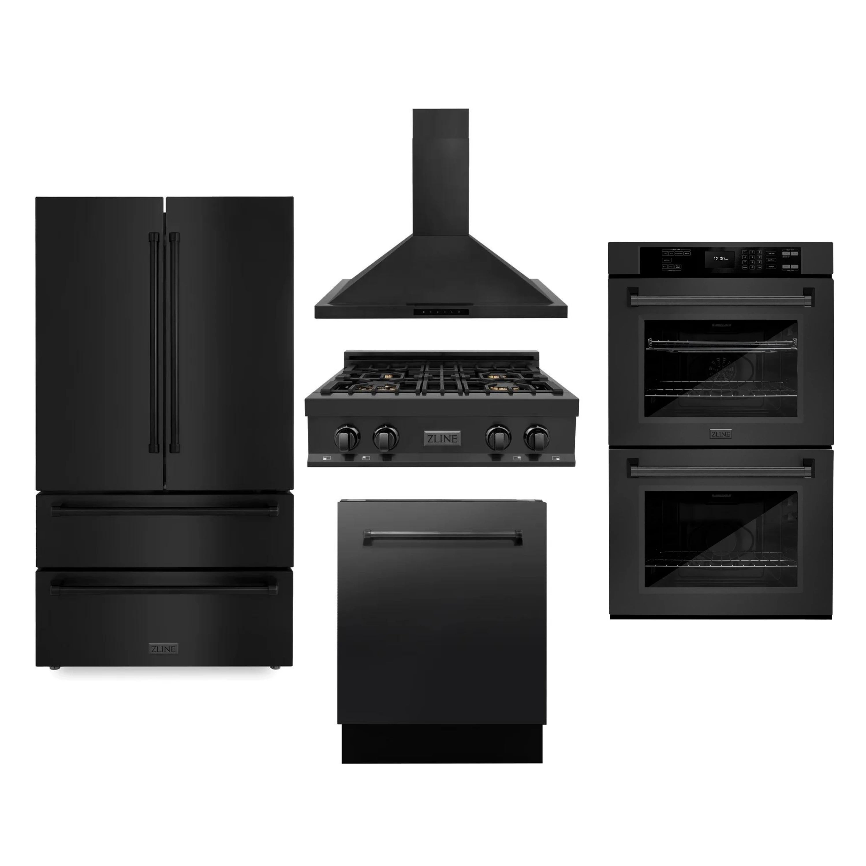 Black kitchen appliance set: refrigerator, rangetop, wall hood, and double wall oven