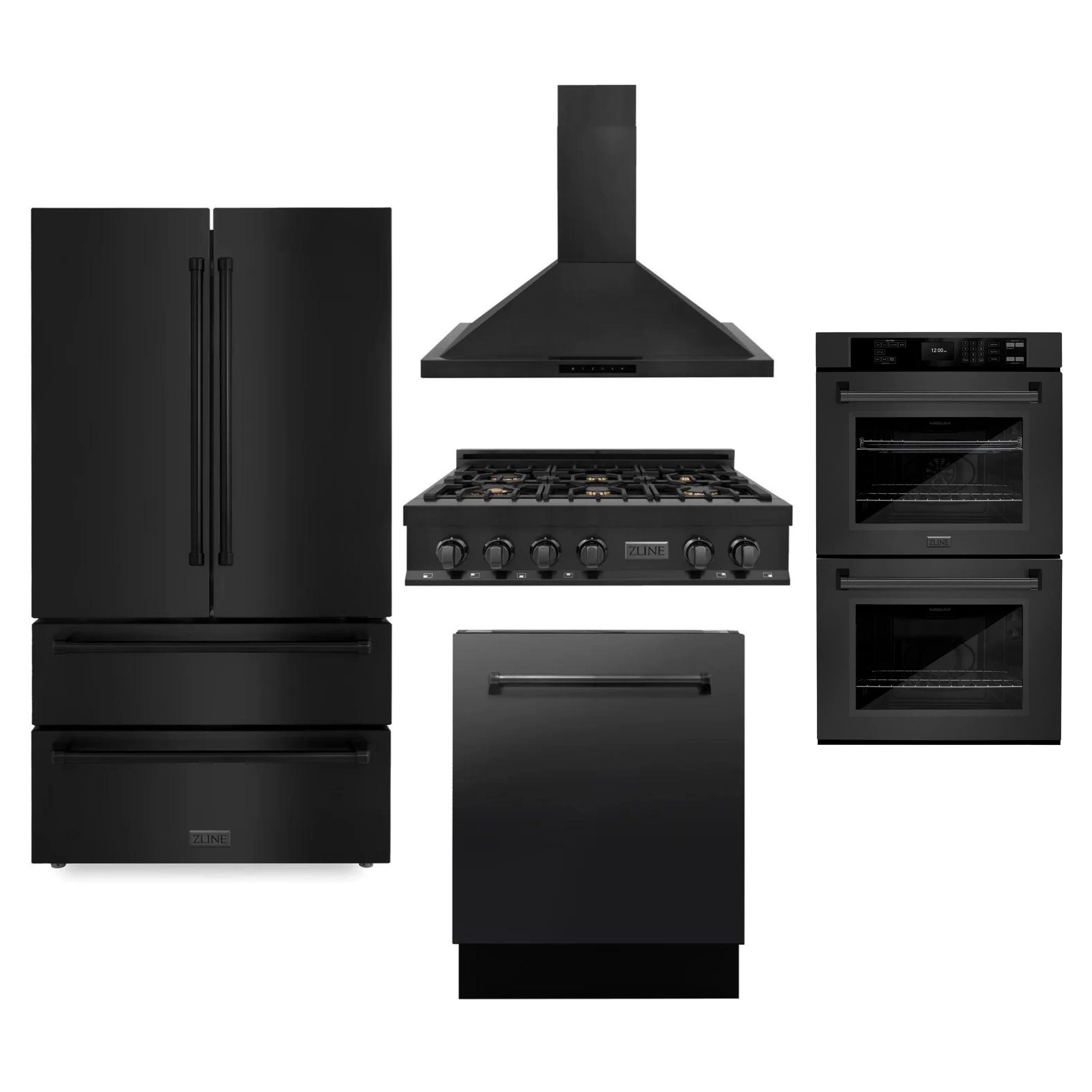 ZLINE appliance package with black refrigerator, rangetop, hood, and double wall ovens