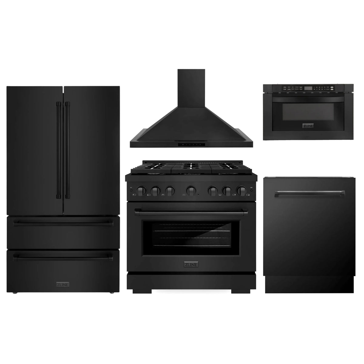 ZLINE 5-Piece Appliance Package - 36-Inch Gas Range, Refrigerator, Convertible Wall Mount Hood, Microwave Drawer, and 3-Rack Dishwasher in Black Stainless Steel (5KPR-SGRBRH36-MWDWV)