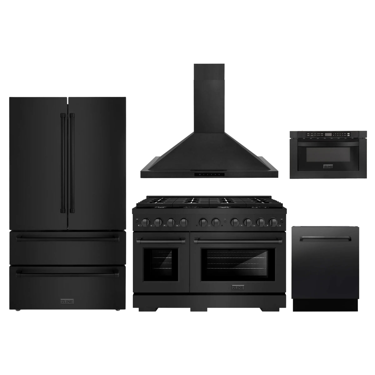 ZLINE 5-Piece Appliance Package - 48-Inch Gas Range, Refrigerator, Convertible Wall Mount Hood, Microwave Drawer, and 3-Rack Dishwasher in Black Stainless Steel (5KPR-SGRBRH48-MWDWV)