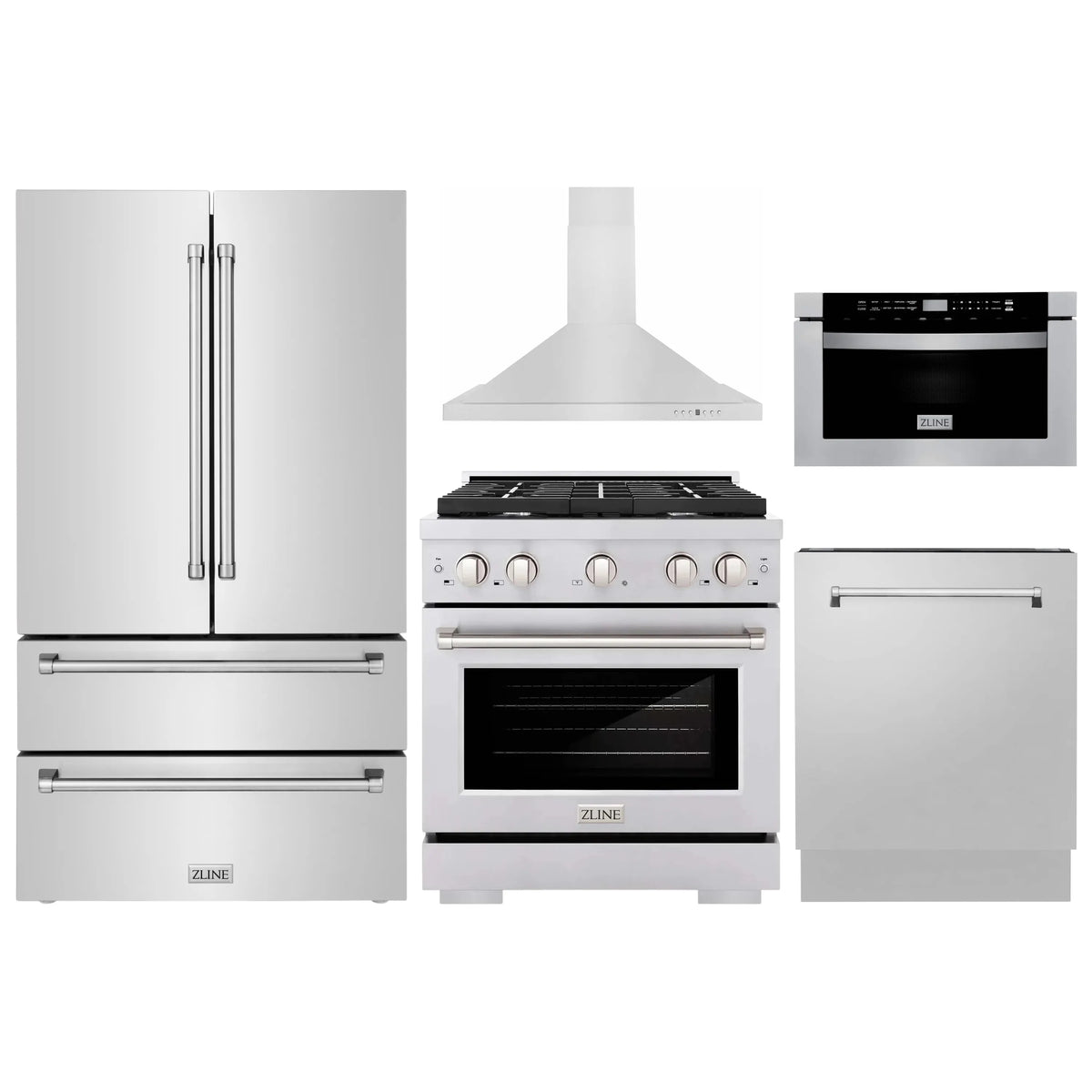ZLINE 5-Piece Appliance Package - 30-Inch Gas Range, Refrigerator, Convertible Wall Mount Hood, Microwave Drawer, and 3-Rack Dishwasher in Stainless Steel (5KPR-SGRRH30-MWDWV)