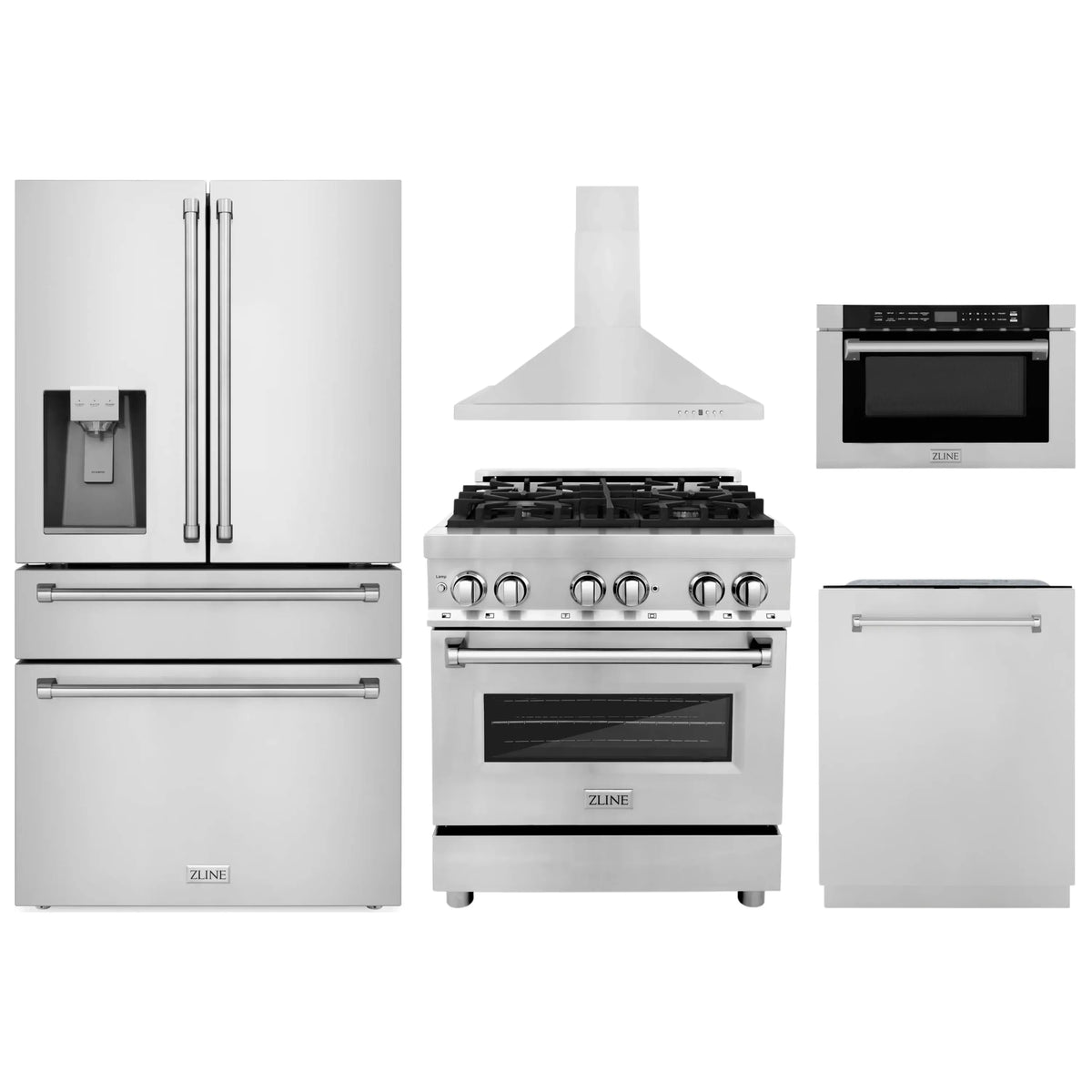 ZLINE 5-Piece Appliance Package - 30-Inch Dual Fuel Range, Hood, Refrigerator with Water Dispenser, Dishwasher, and Microwave Drawer in Stainless Steel