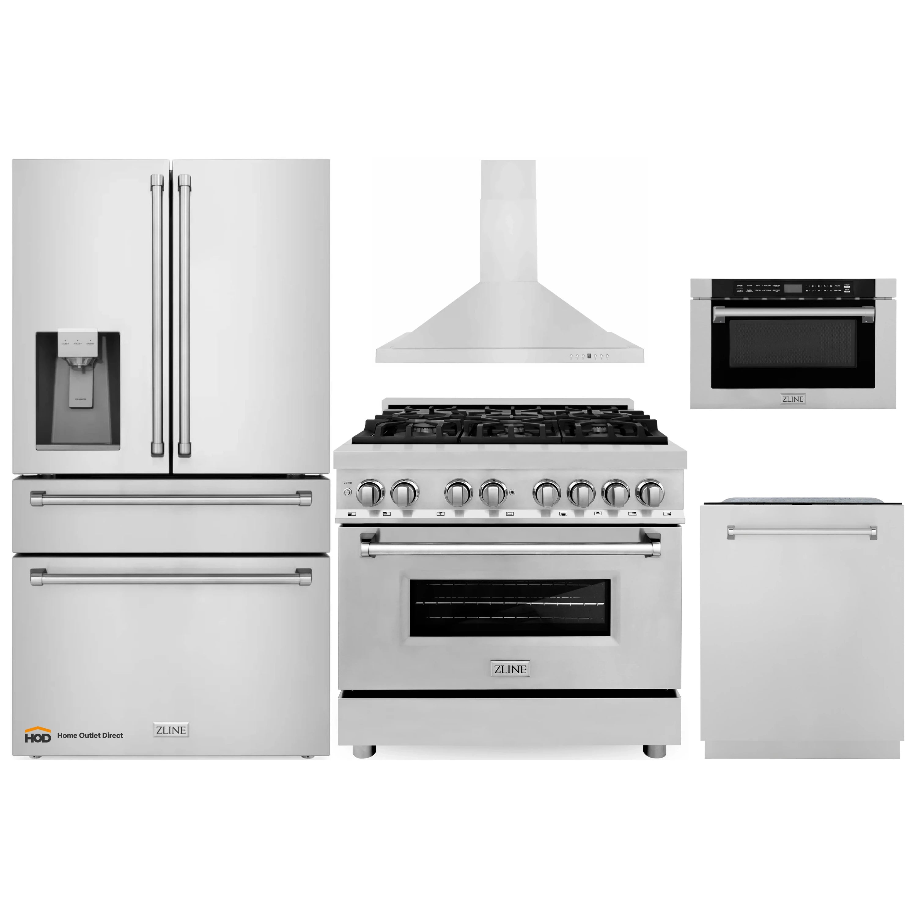 Stainless steel 5-piece kitchen appliance package with range, hood, fridge, dishwasher, microwave