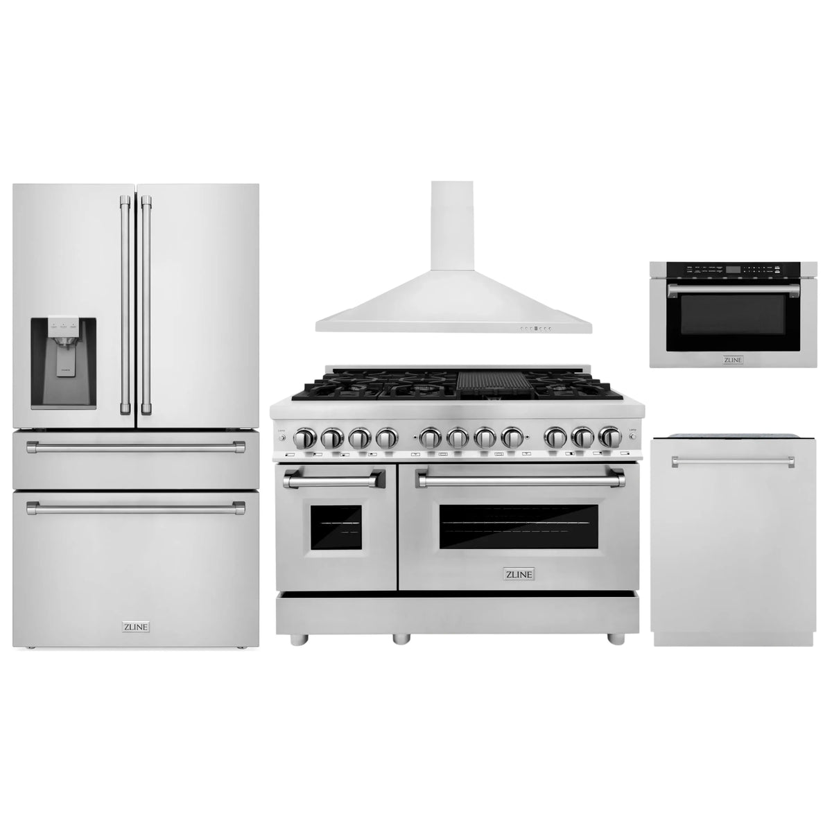 ZLINE 5-Piece Appliance Package - 48-Inch Dual Fuel Range, Hood, Refrigerator with Water Dispenser, Dishwasher, and Microwave Drawer in Stainless Steel