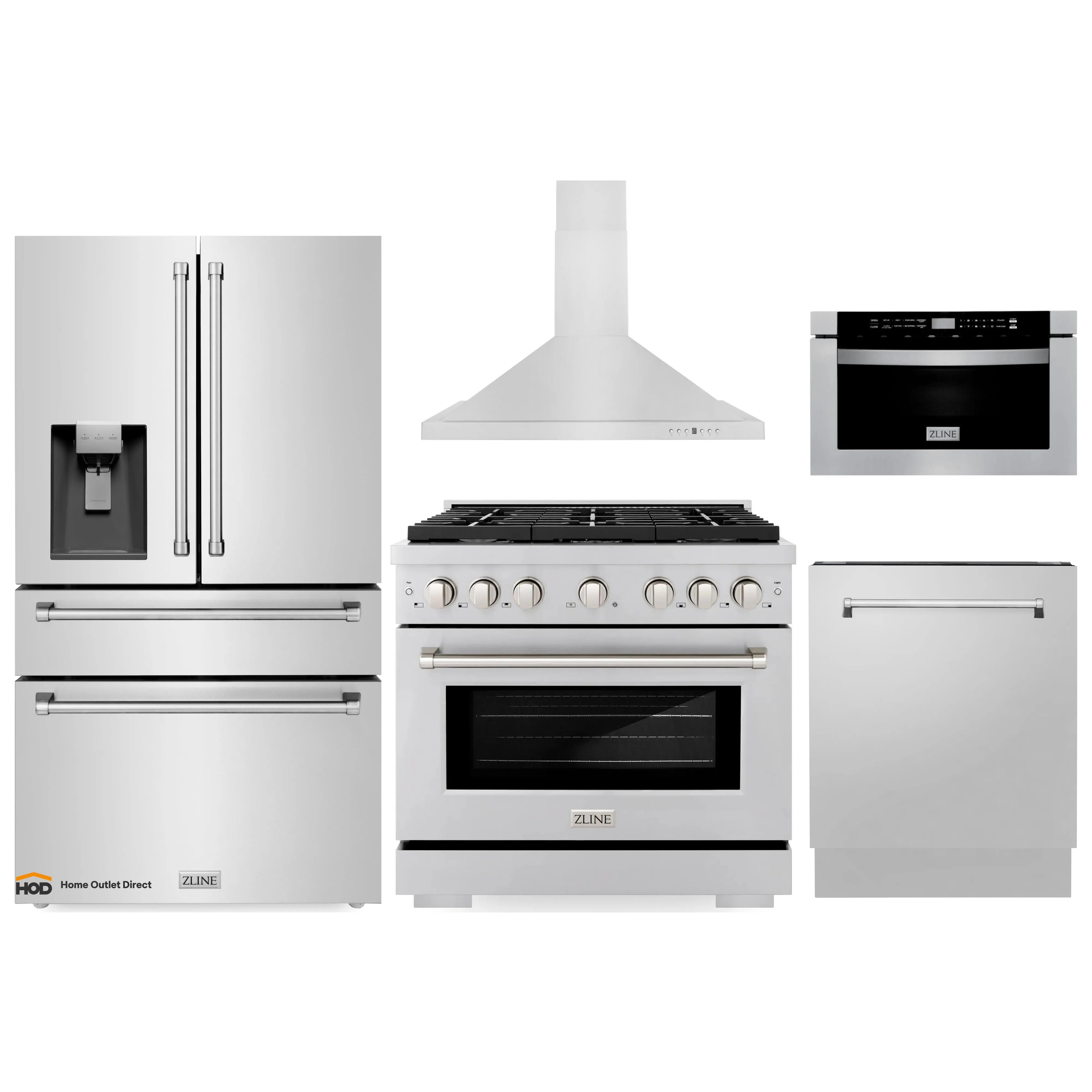 Stainless steel appliance package lineup: refrigerator, range, hood, microwave, dishwasher