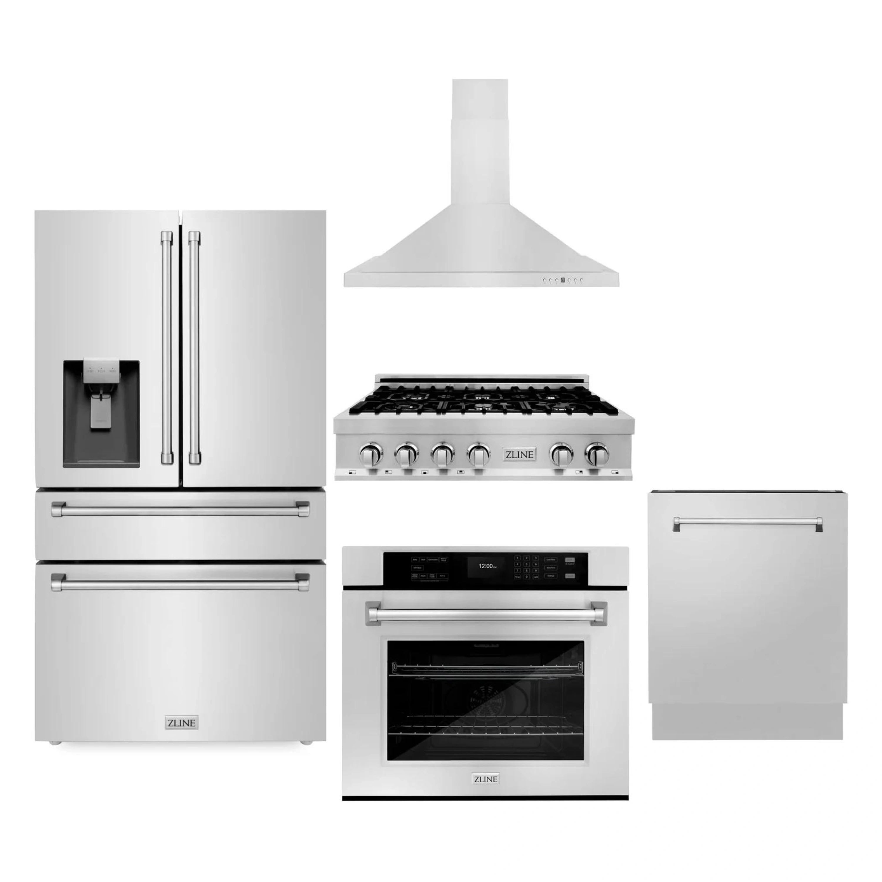 Stainless appliance package showing refrigerator, range, wall oven, dishwasher, and hood
