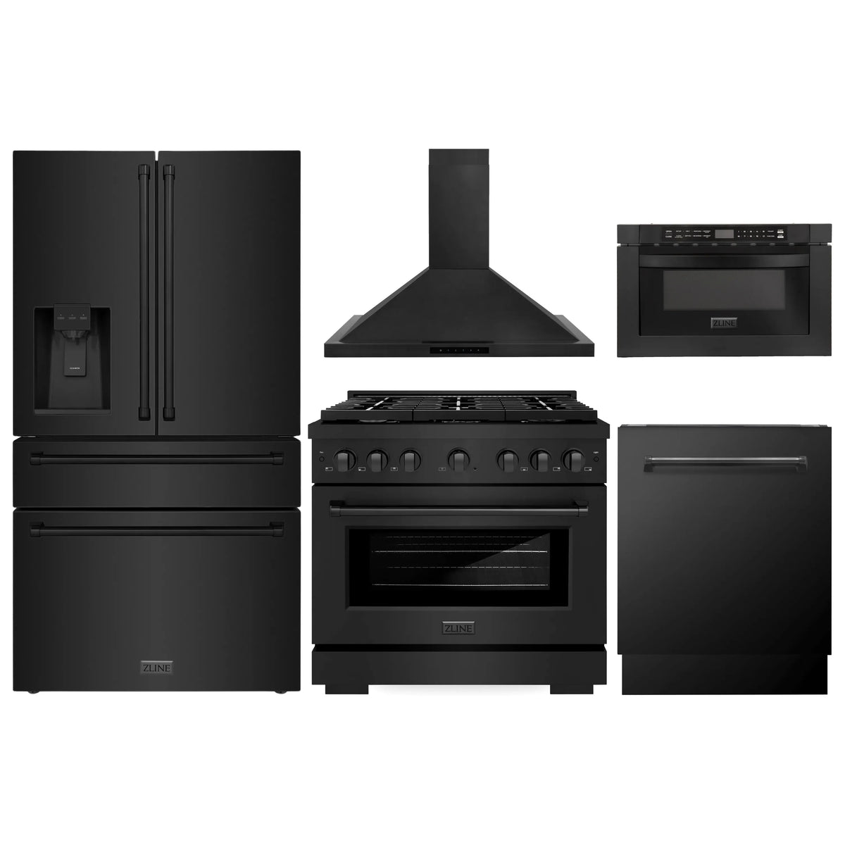 ZLINE 5-Piece Appliance Package - 36-Inch Gas Range, Refrigerator with Water Dispenser, Convertible Wall Mount Hood, Microwave Drawer, and 3-Rack Dishwasher in Black Stainless Steel (5KPRW-SGRBRH36-MWDWV)