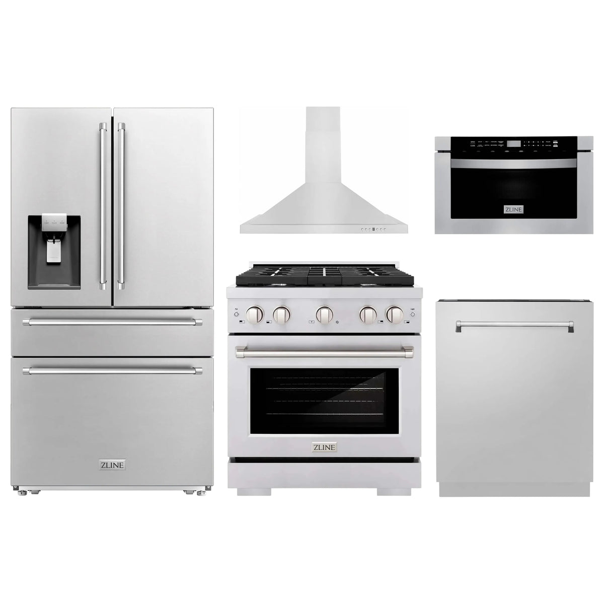 ZLINE 5-Piece Appliance Package - 30" Gas Range, 36" Refrigerator with Water Dispenser, Convertible Wall Mount Hood, Microwave Drawer, and 3-Rack Dishwasher in Stainless Steel (5KPRW-SGRRH30-MWDWV)