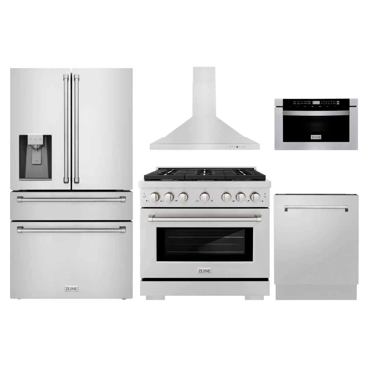 ZLINE 5-Piece Appliance Package - 36-Inch Gas Range, Refrigerator with Water Dispenser, Convertible Wall Mount Hood, Microwave Drawer, and 3-Rack Dishwasher in Stainless Steel (5KPRW-SGRRH36-MWDWV)