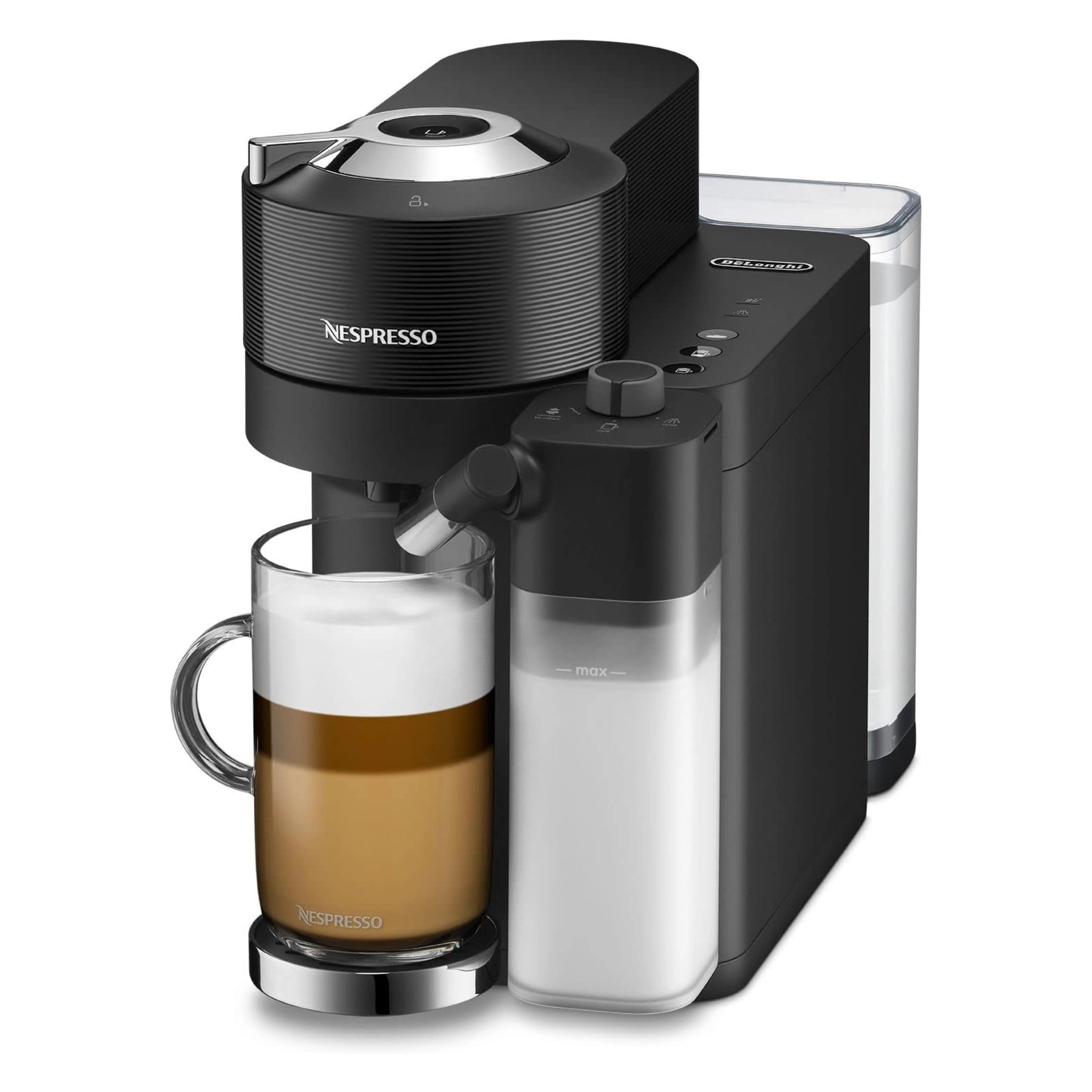 Black capsule coffee machine with milk container and frothing nozzle