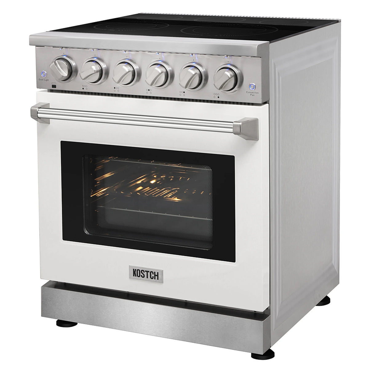 White electric range with black glass cooktop and lit convection oven window, front control knobs.