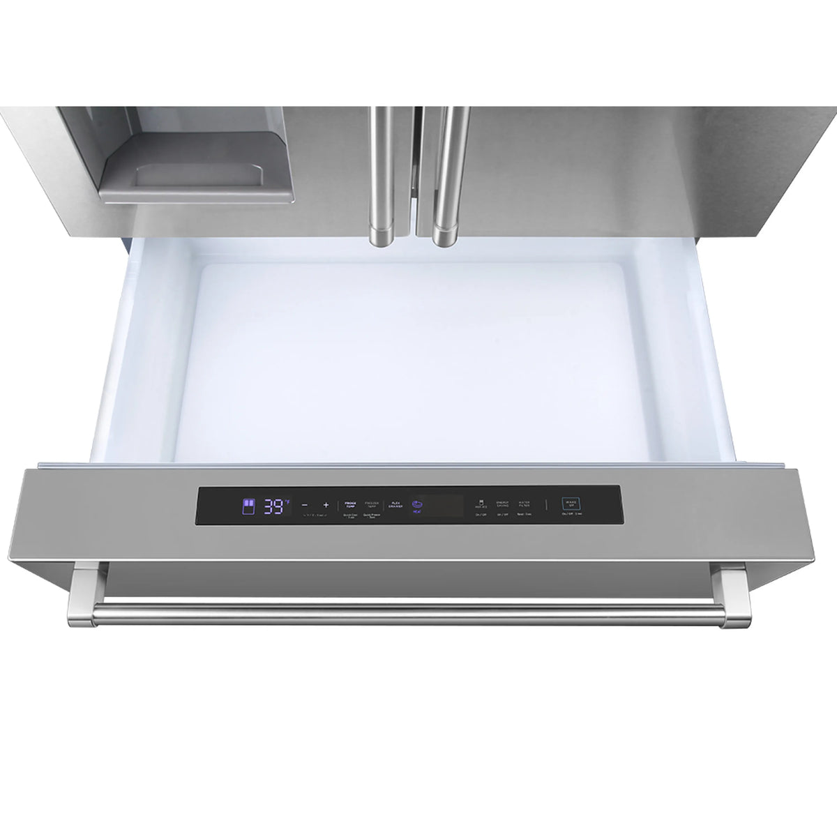 Refrigerator dispenser panel with digital display and dispensing tray