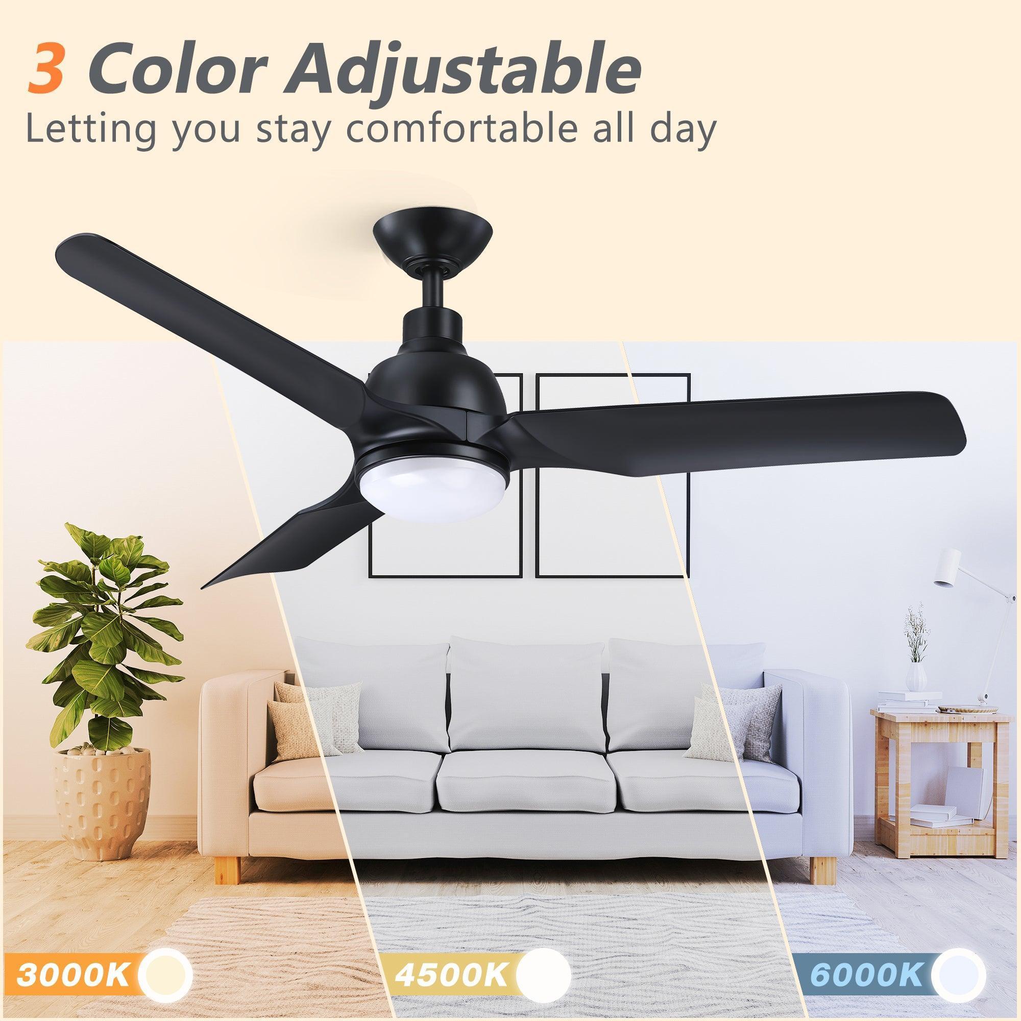 Black ceiling fan with LED light with adjustable color temperatures, three blades