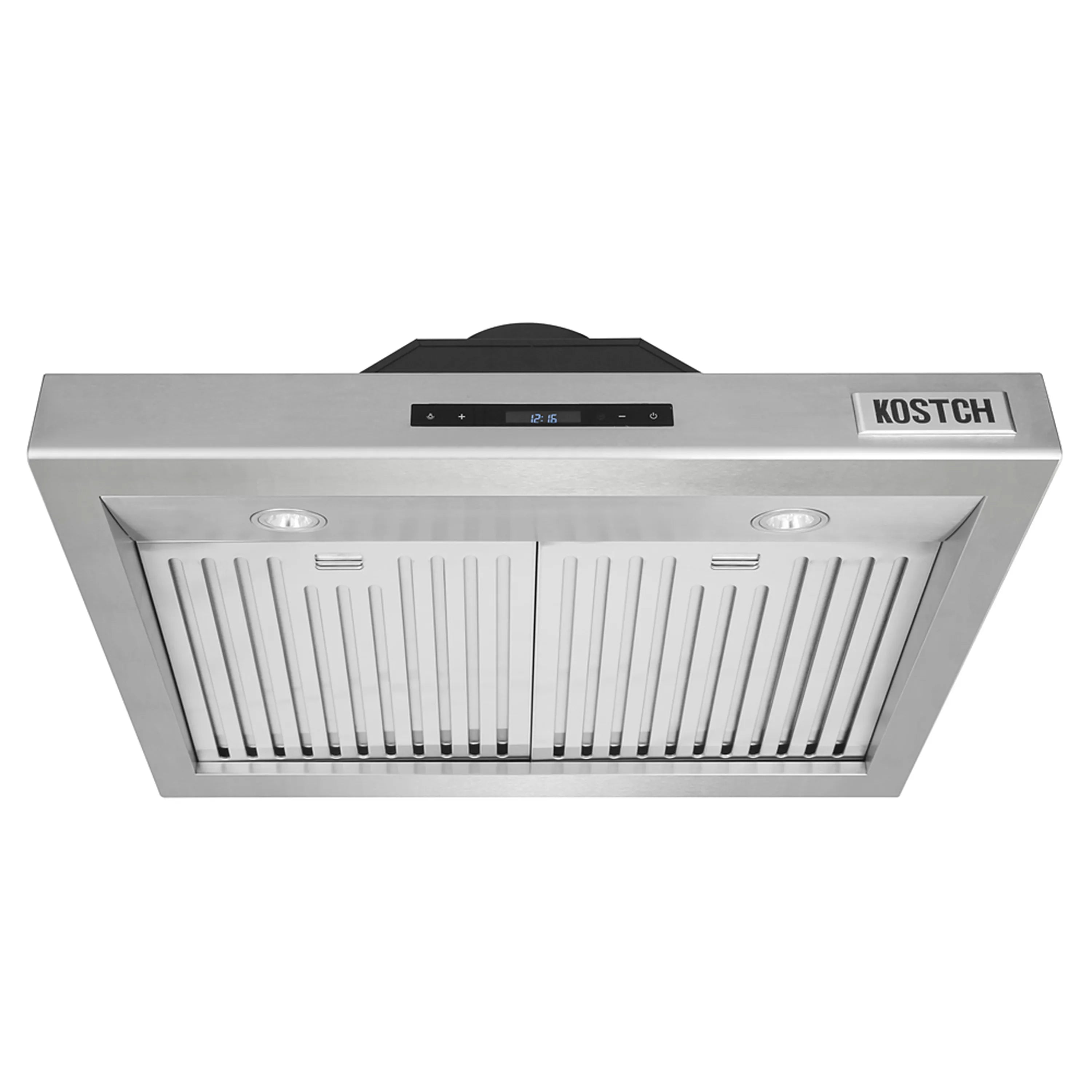 Stainless steel range hood with front control panel and central baffle filter