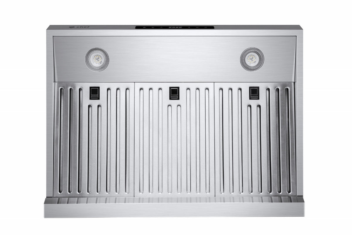 Under-cabinet range hood underside with stainless steel baffle filter grilles and lights