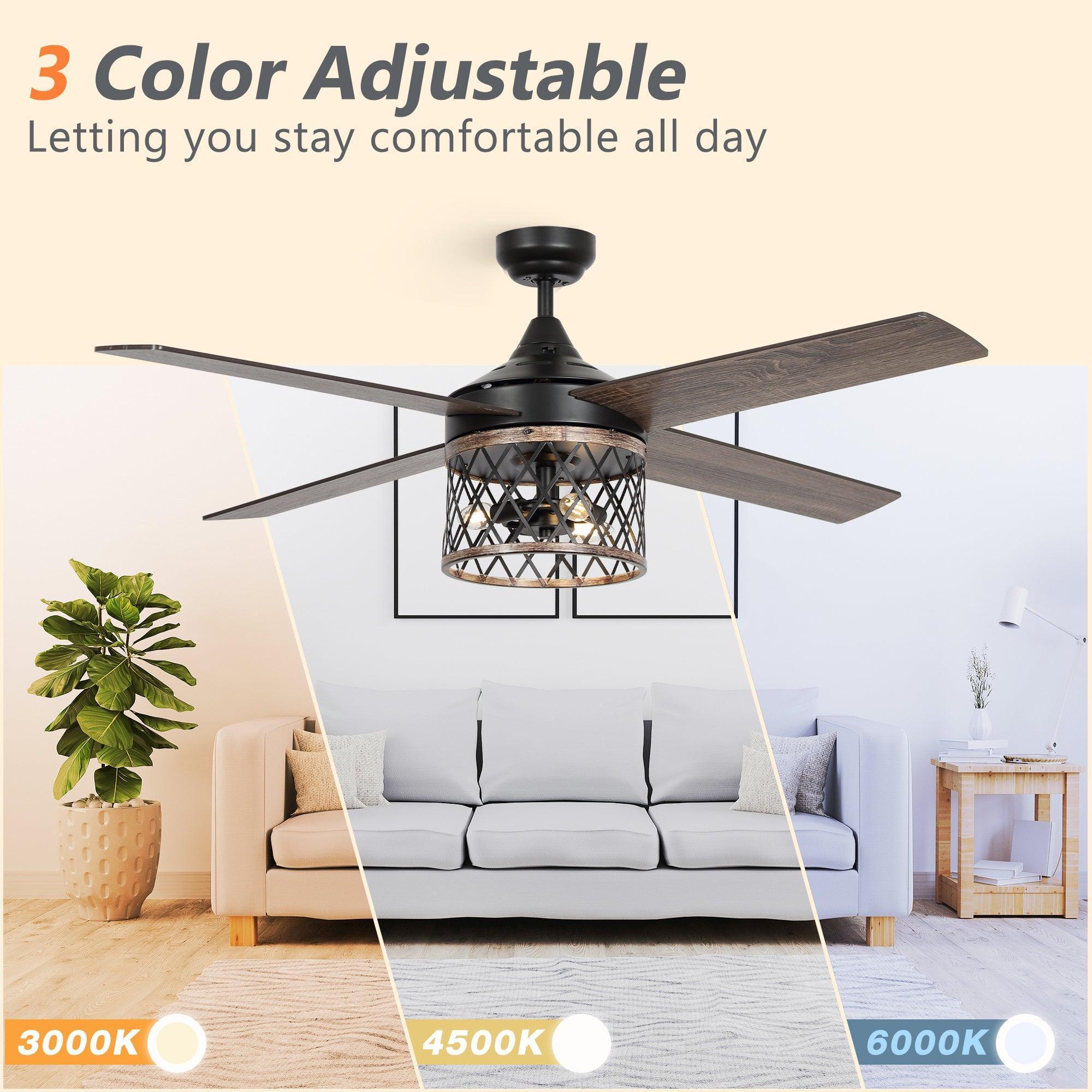 Black ceiling fan with light fixture and five wood-grain blades; three color temperature glow