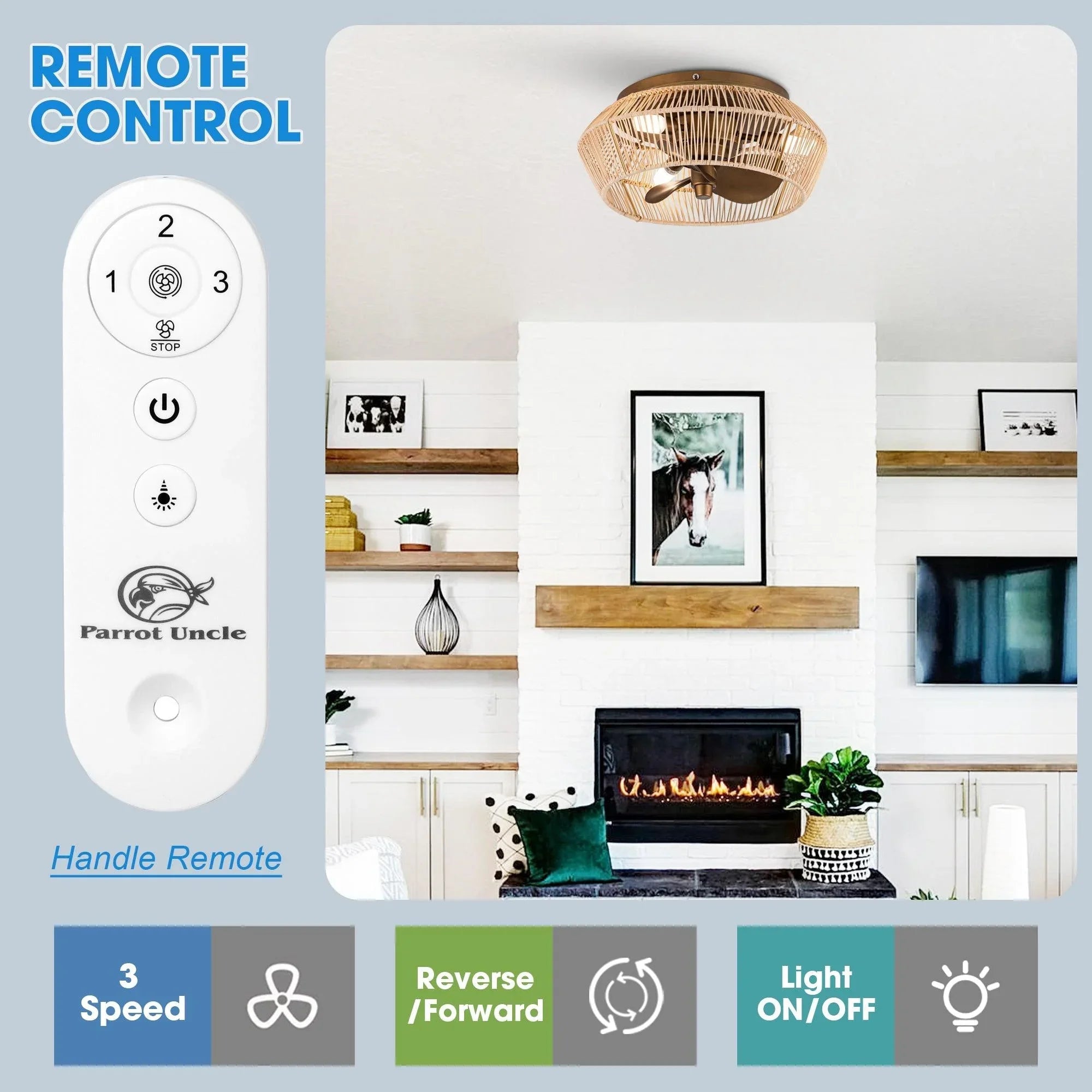 Golden reversible caged ceiling fan with remote control and speed control icons