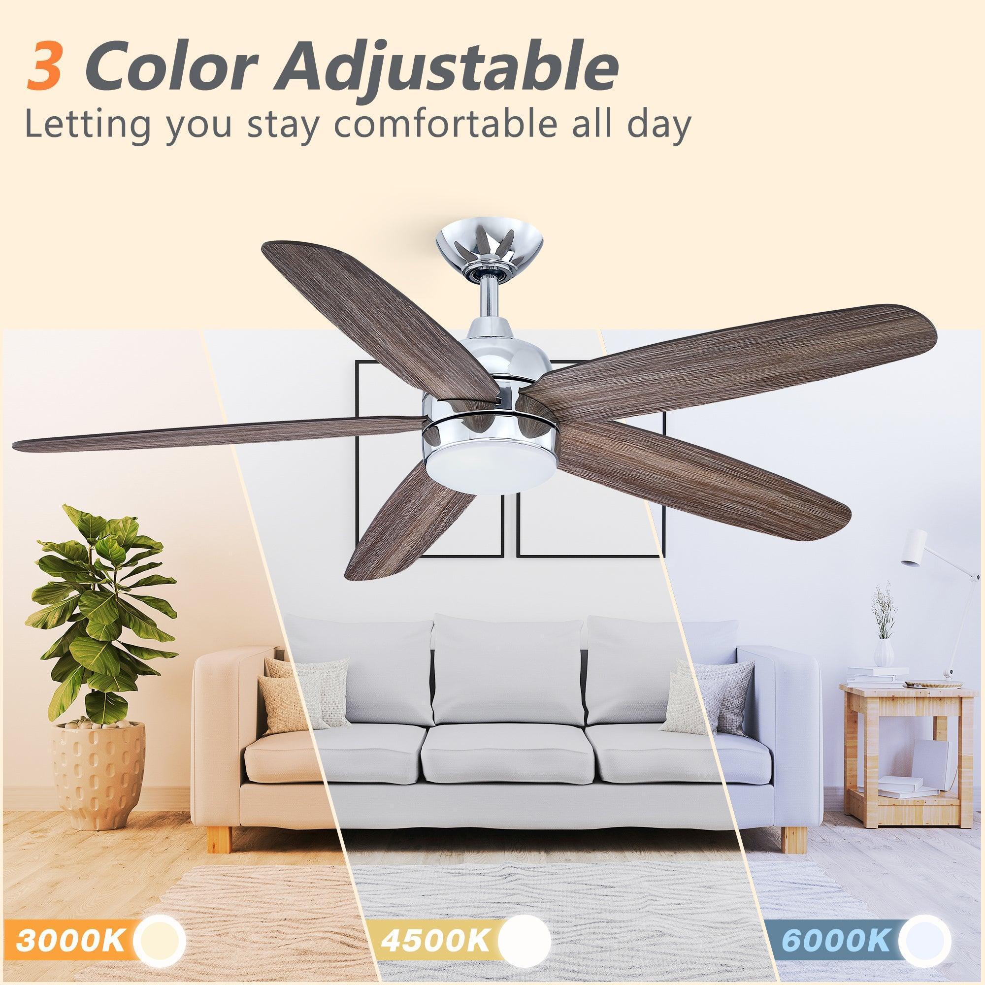 Farmhouse ceiling fan with chrome mount, dark wood blades, and LED light glow