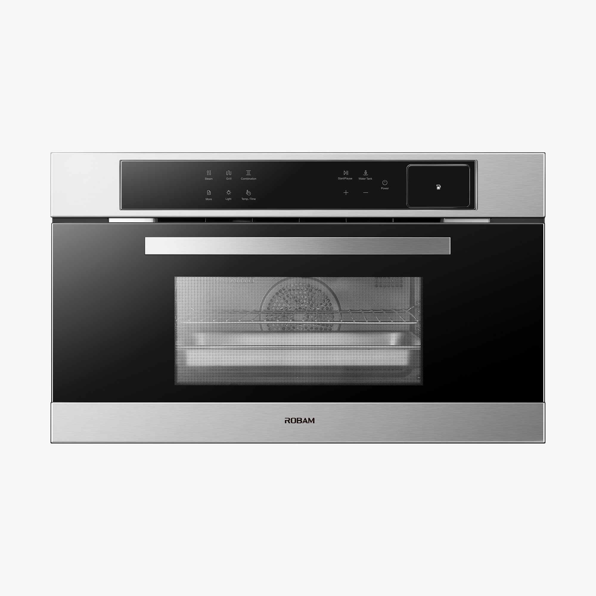 Built-in combi steam oven with black glass door and stainless steel trim, front view.
