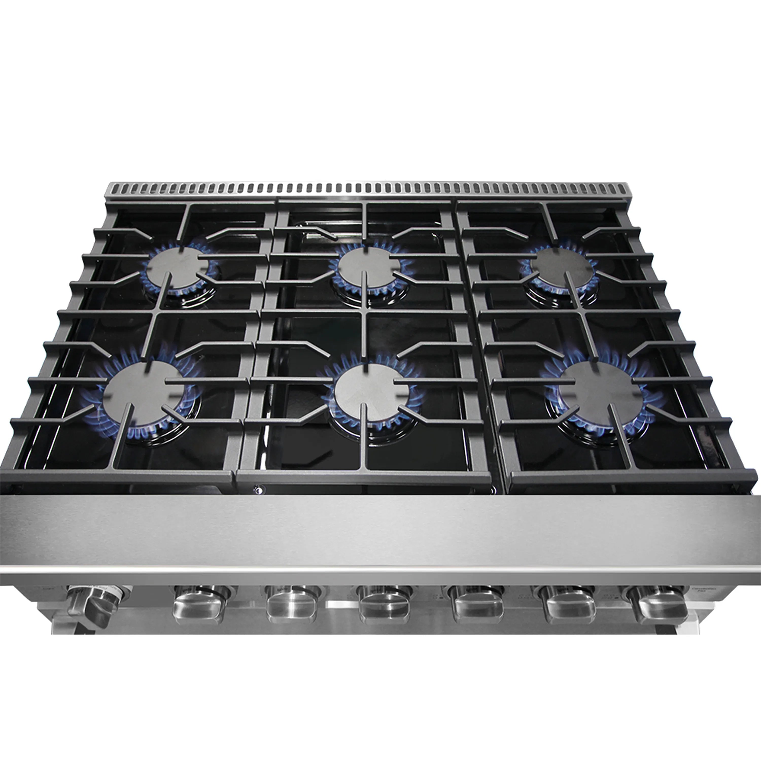 Stainless steel 6-burner cooktop with burner grates and blue flames