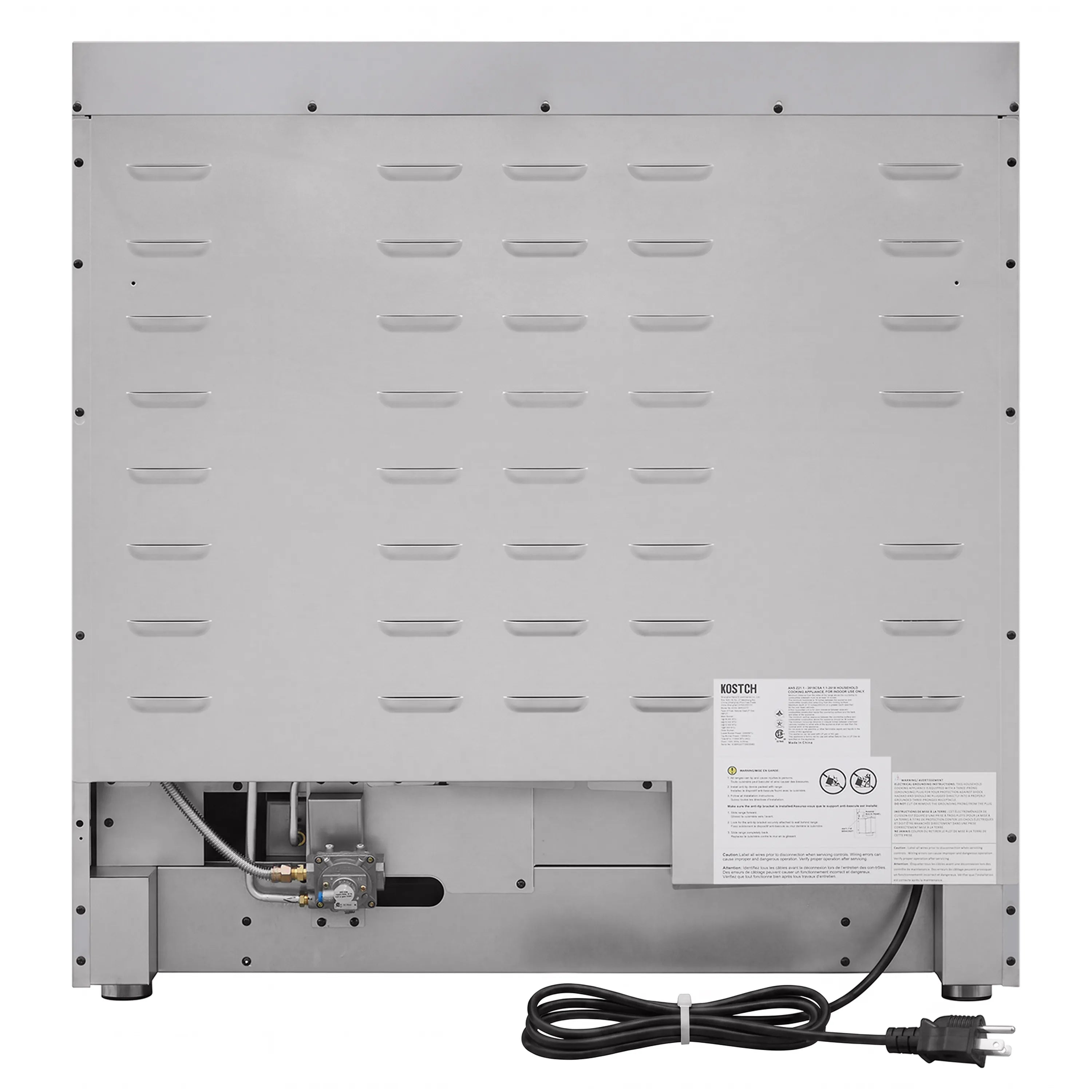 Gas range rear service panel with power cord and certification label