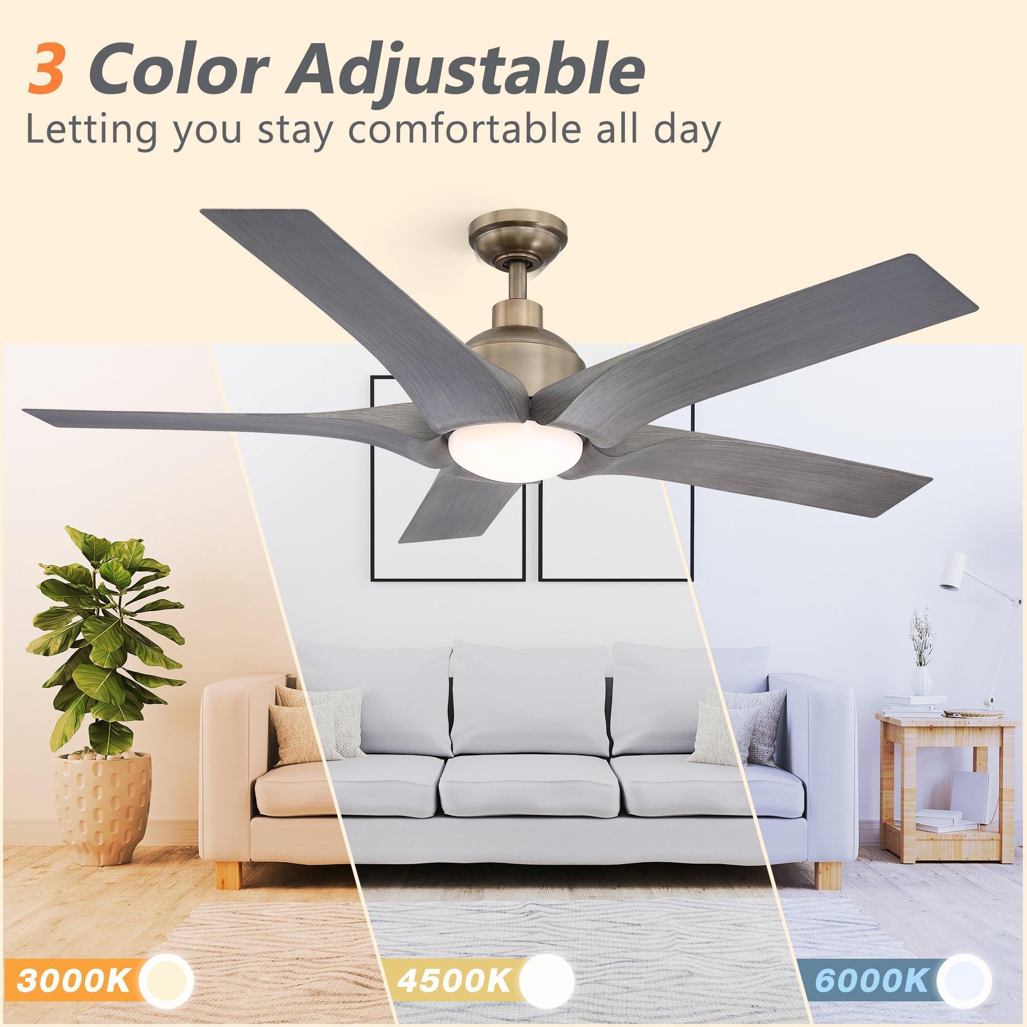 Ceiling fan light with 3 color temperature settings, oil-rubbed bronze mount, 5 blades