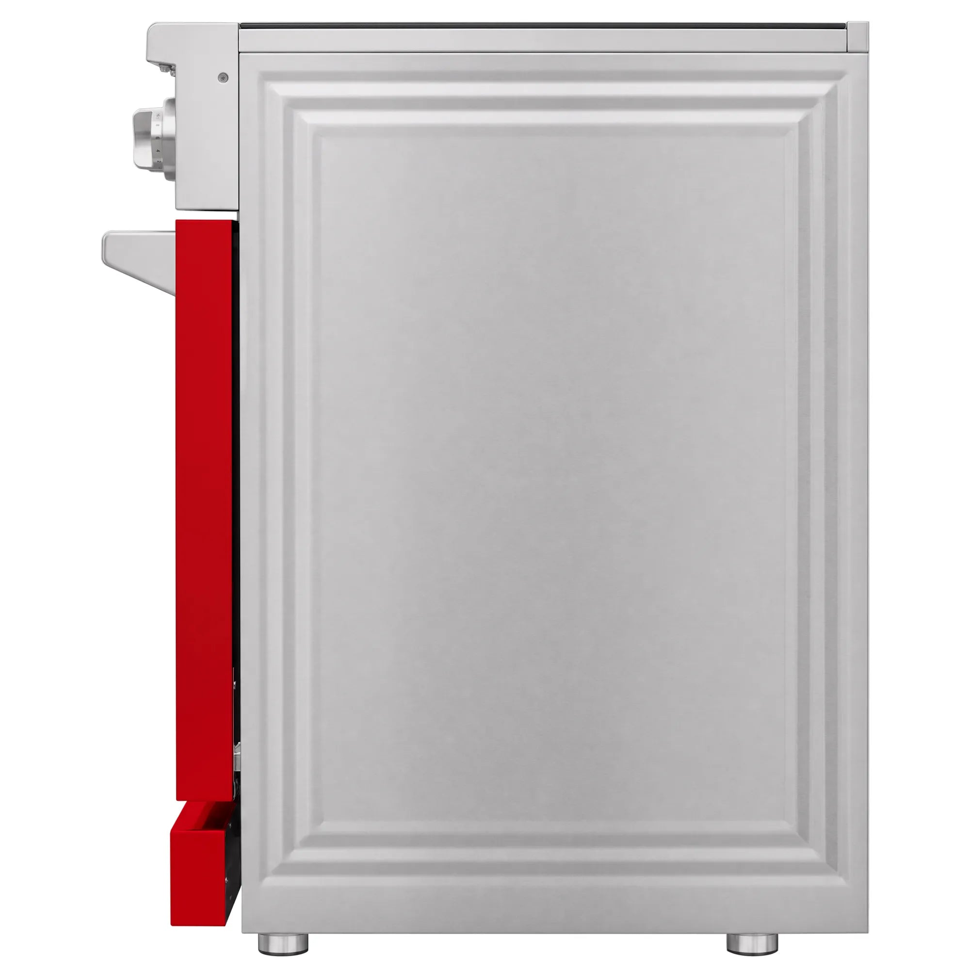 Red and silver electric range door with control panel edge and side handle